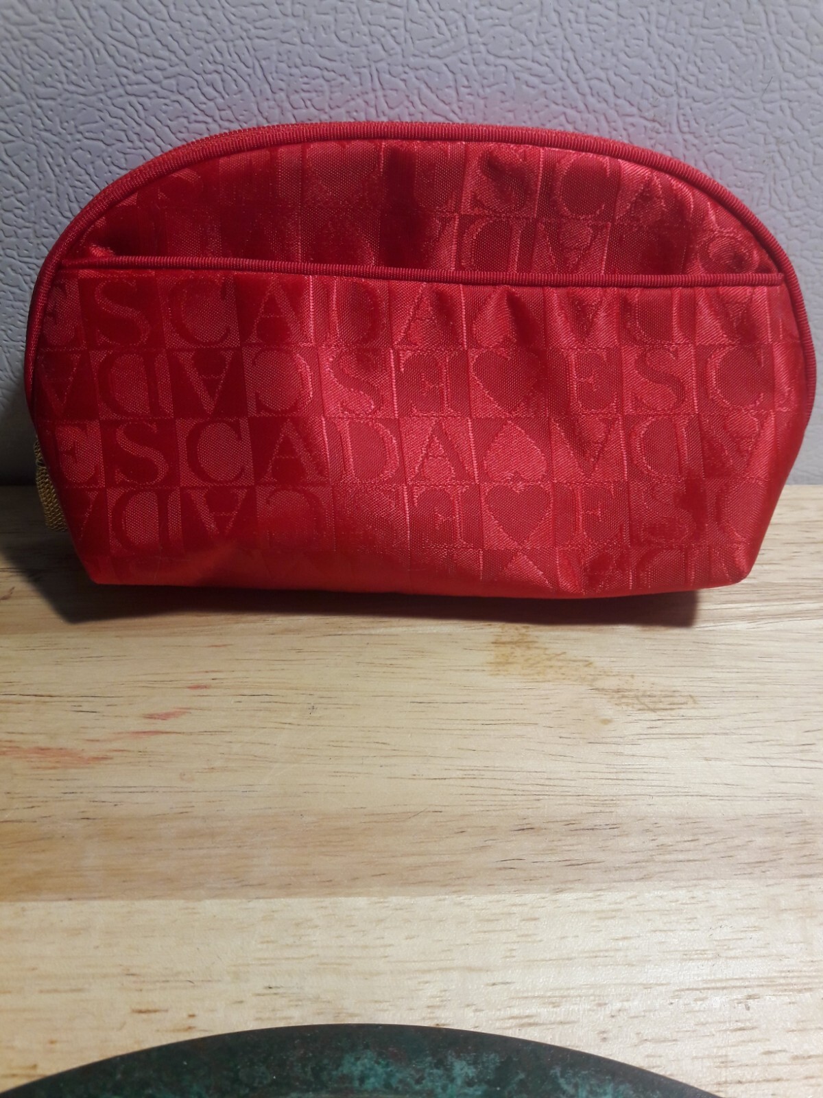 RARE Vintage Escada Toiletry Make Up Bag Red Satin Signature Zip Top