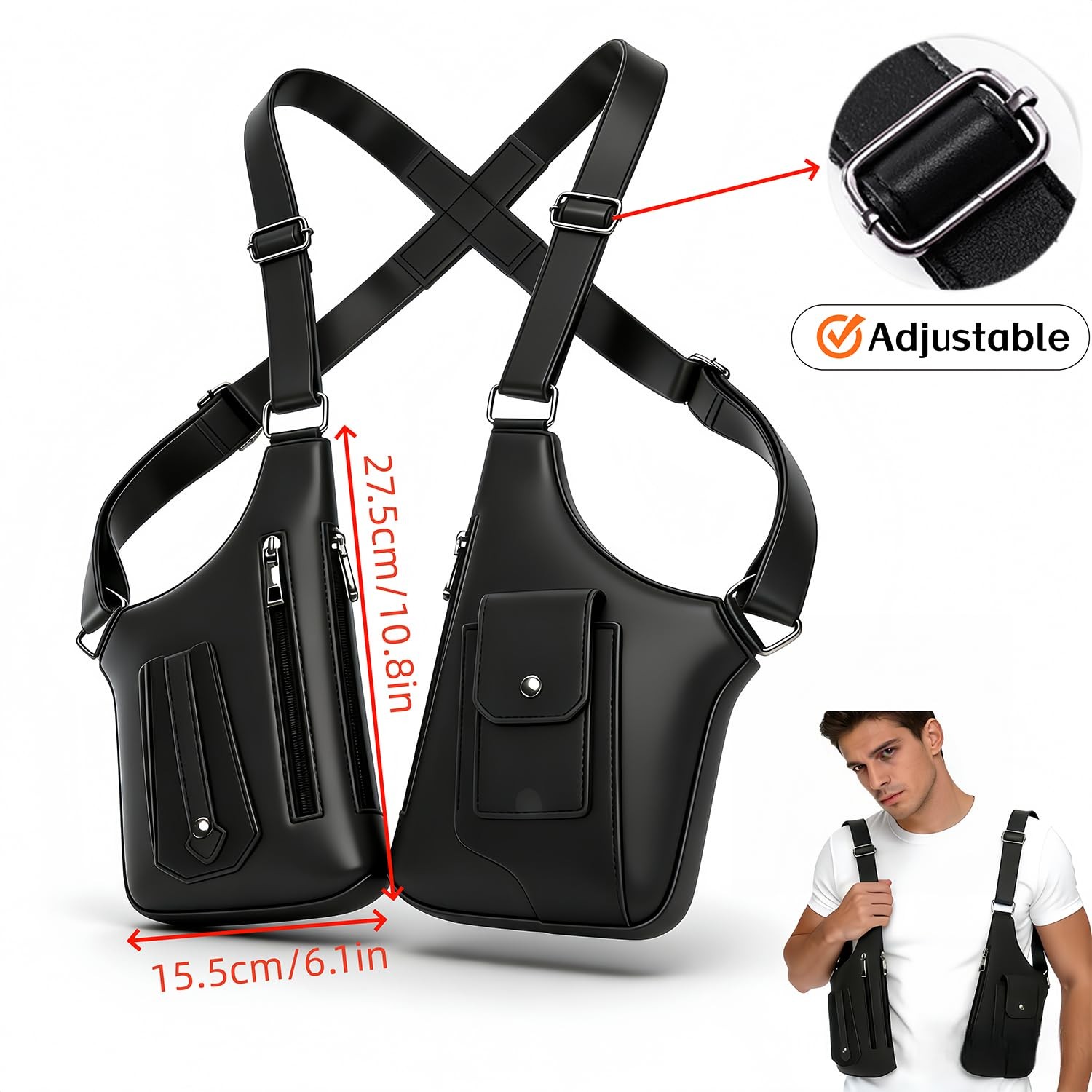 Double Shoulder Armpit Bag,Leather Adjustable Underarm Shoulder Bag for Men,…