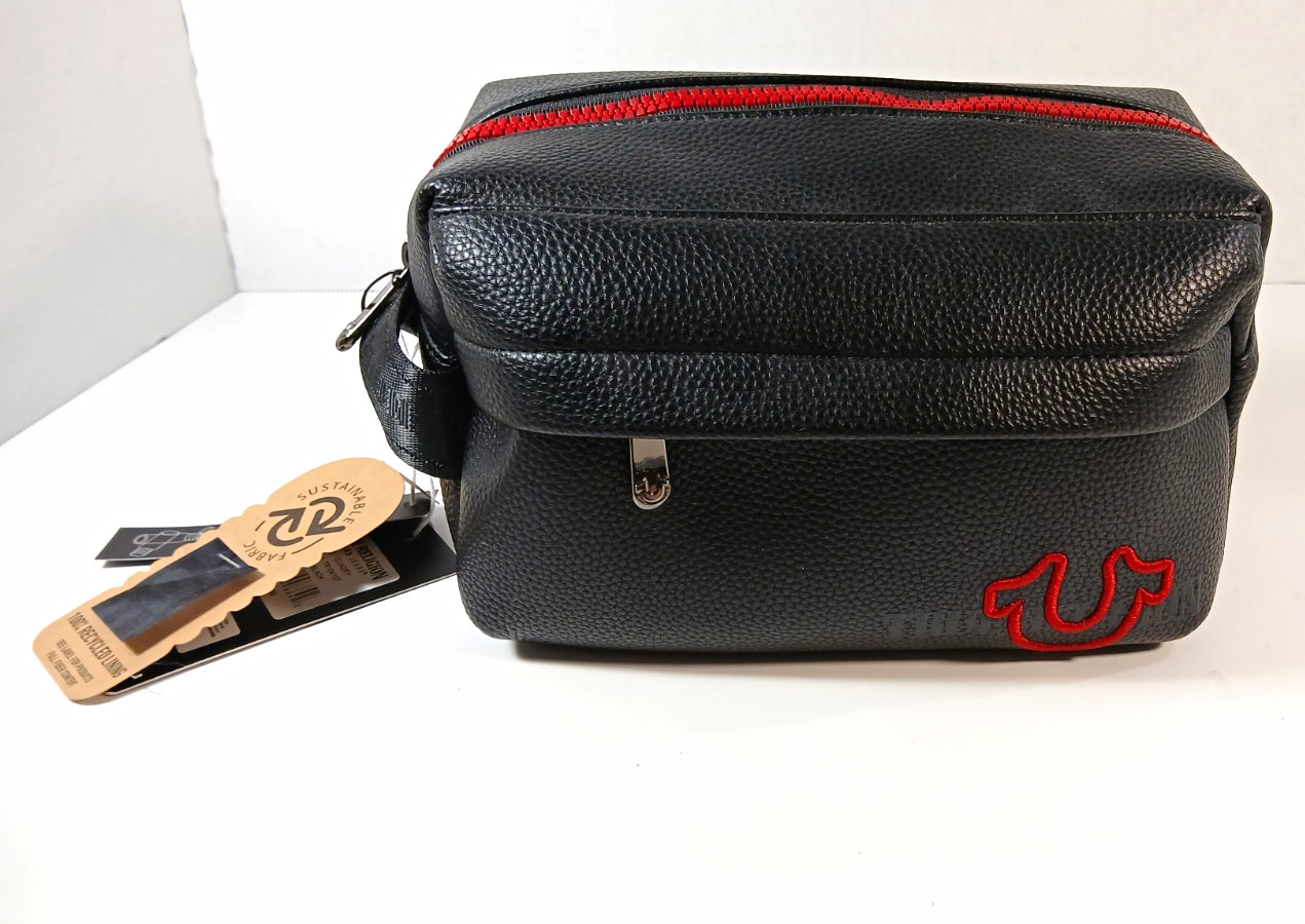 True Religion Men’s Solid Black/Red Zip Tote Travel Toiletry Bag New w/ Tags