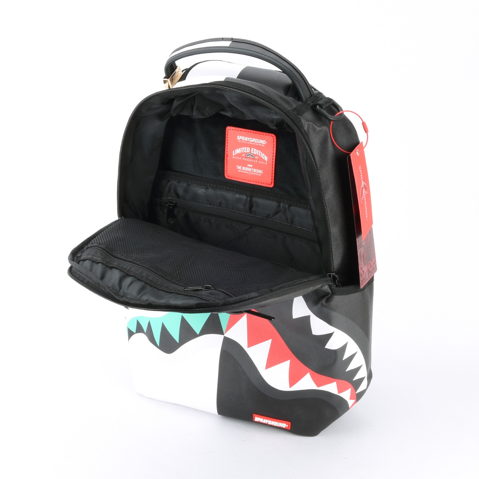 Sprayground Shark Central Reflex DLXV Leather Bag Backpack White Zipper Pocket