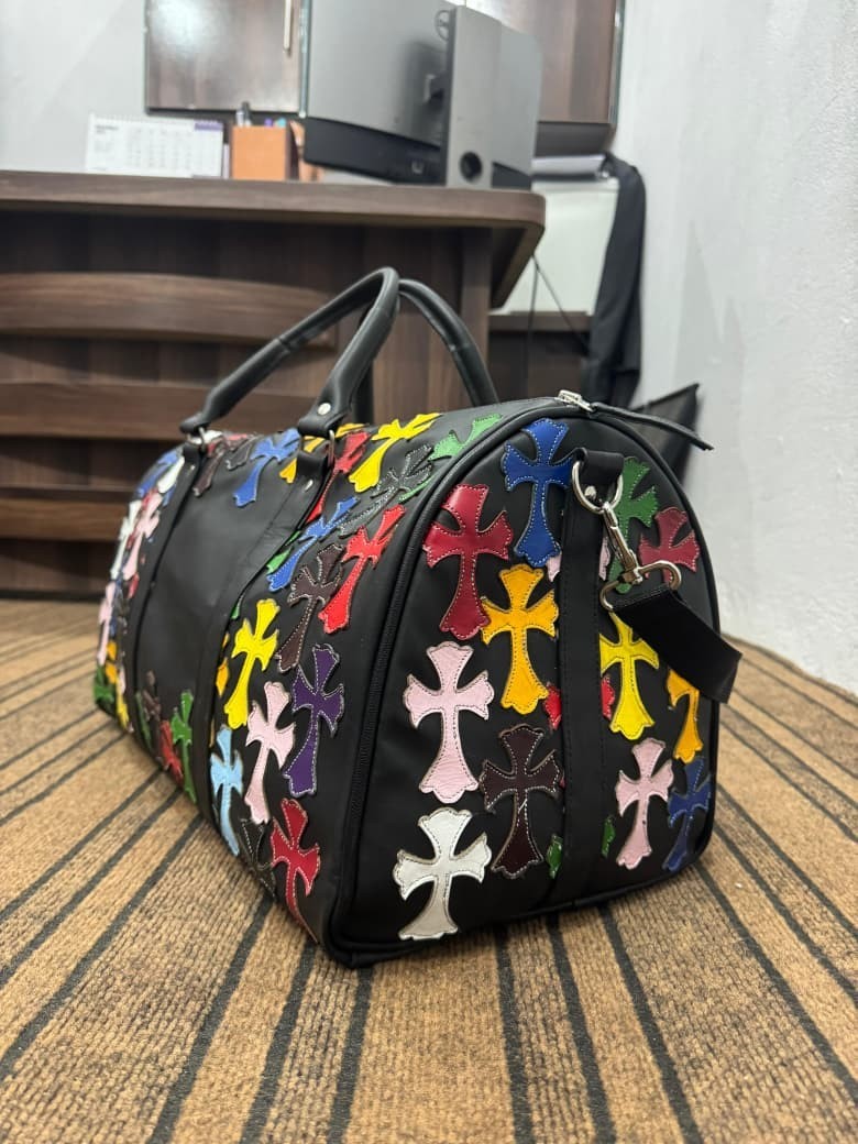 Custom Made Cowhide Leather Chrome Heart Duffle Bag Black Color S M L size