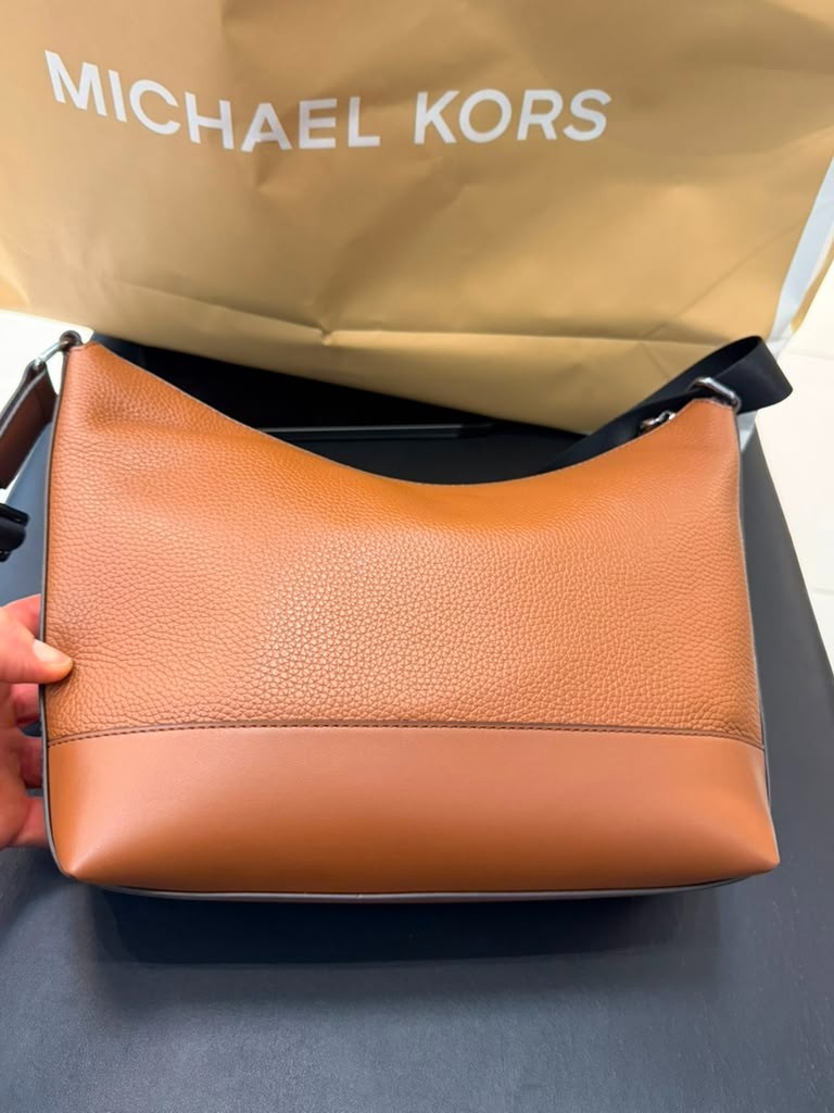 Michael Kors Cooper Pebbled Leather Soft Crescent Bag Luggage Men Crossbody