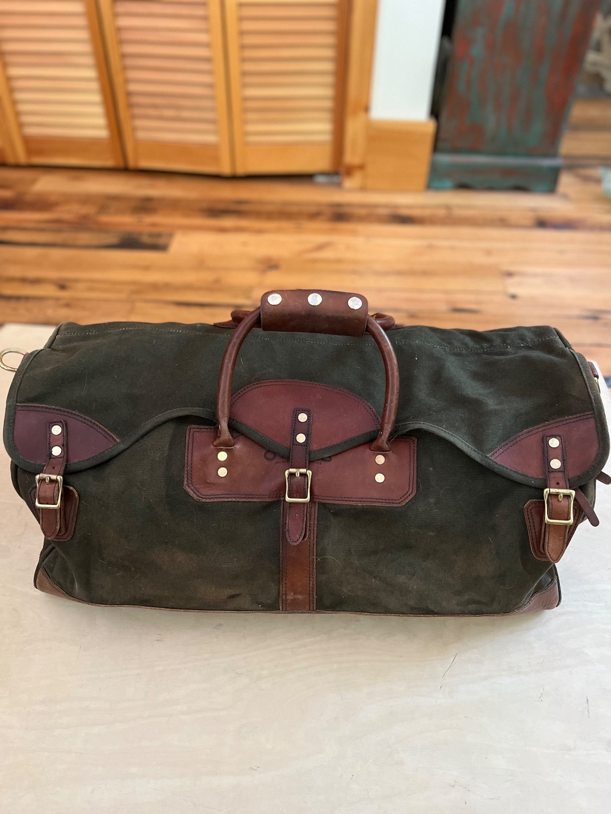 ORVIS VINTAGE BATTENKILL Duffle Bag GREEN Leather Canvas 25″x18″x10″