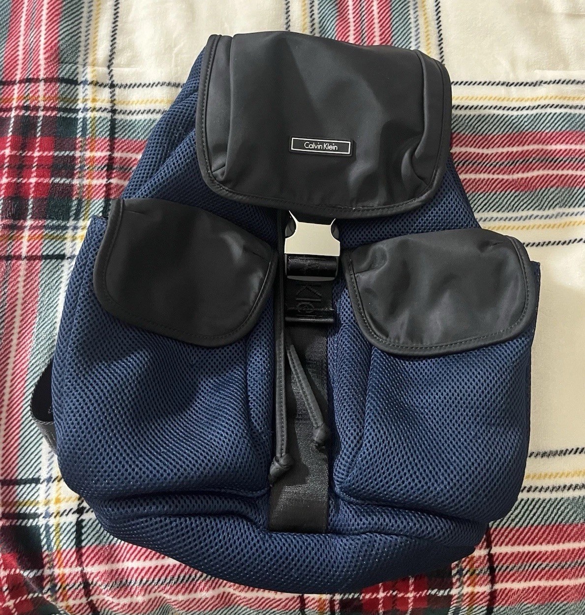 Calvin Klein Blue/Black Small Backpack Drawstring Buckle, Pockets, Lined
