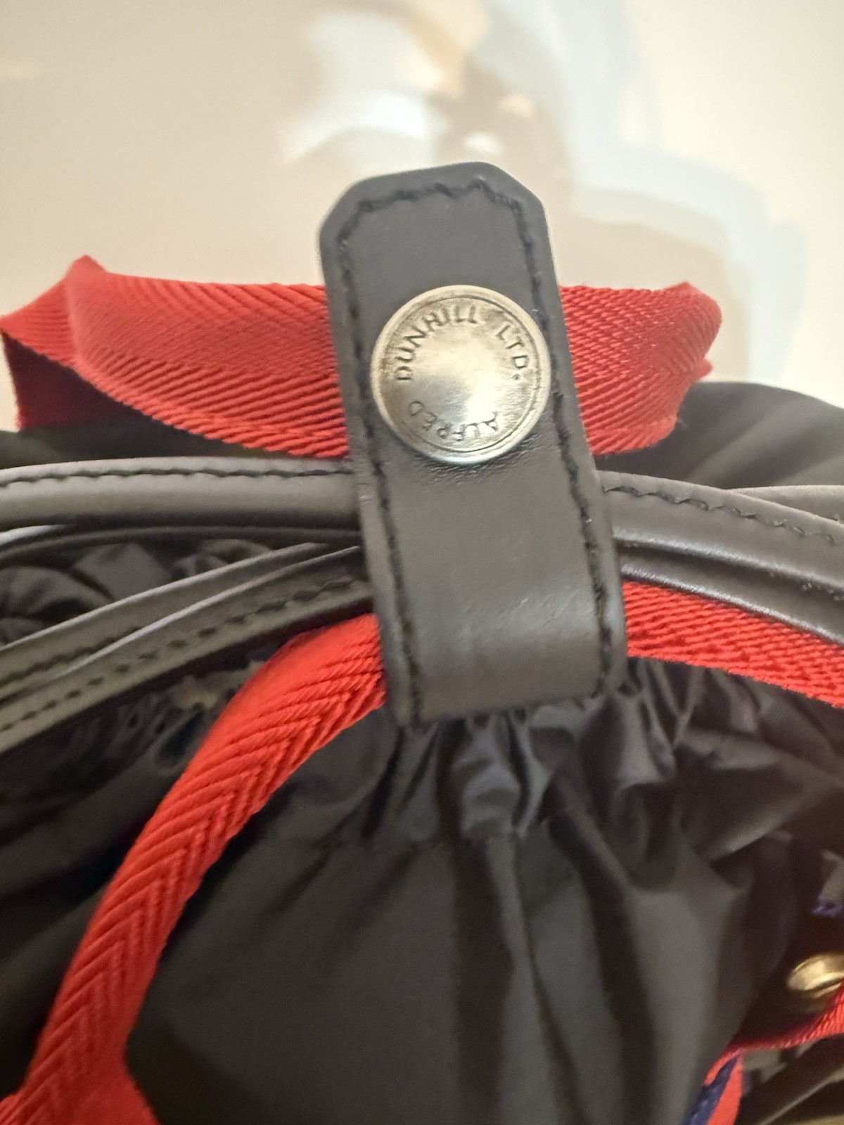 NWT $1083 Dunhill Black – Blue Backpack with red Straps Made in Italy.