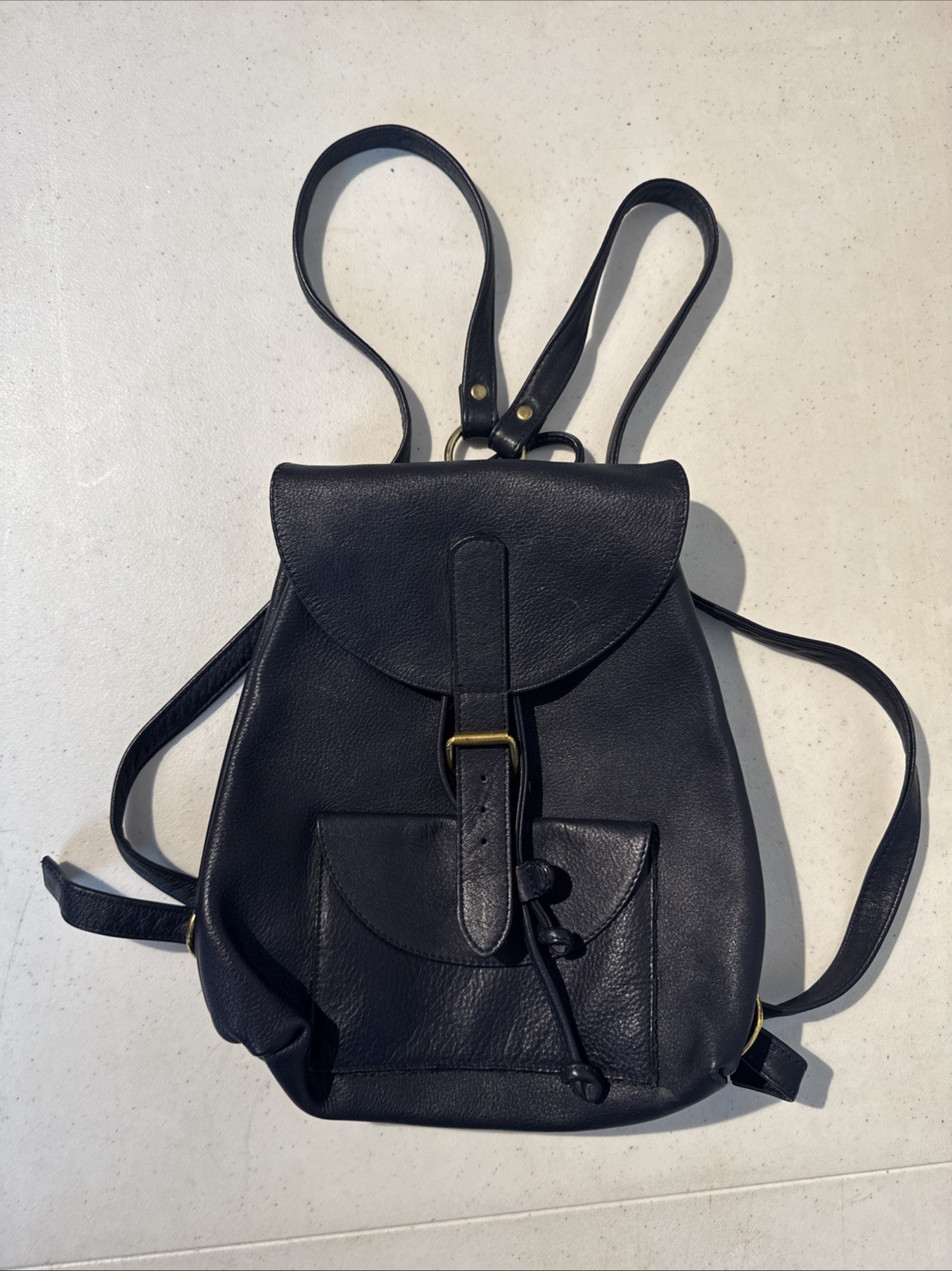 La Bagagerie Navy Blue Pebbled Leather Backpack Buckle Drawstring Rare