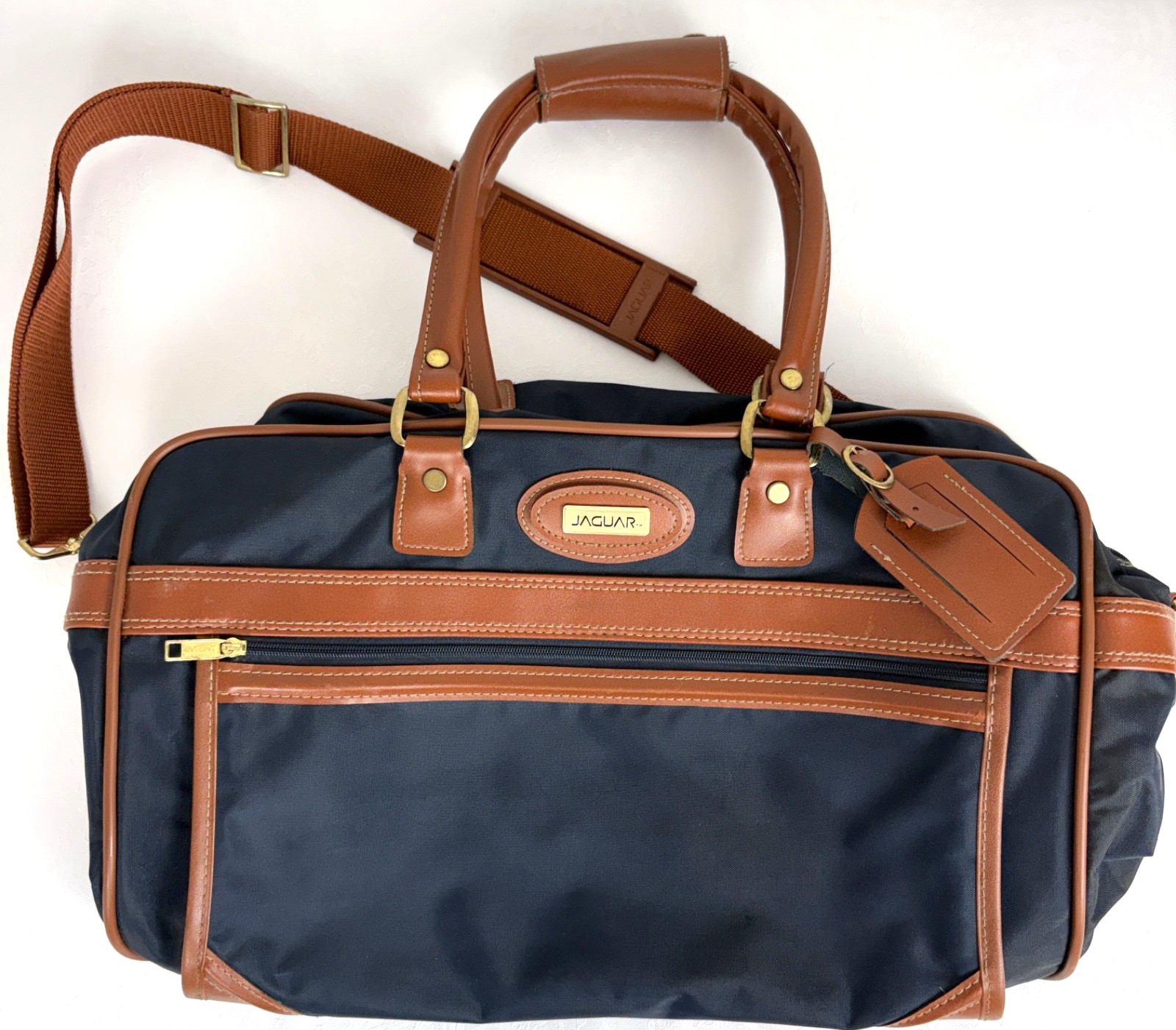 VTG Jaguar Bag Weekender Travel Shoulder Duffle Navy Blue Leather Canvas