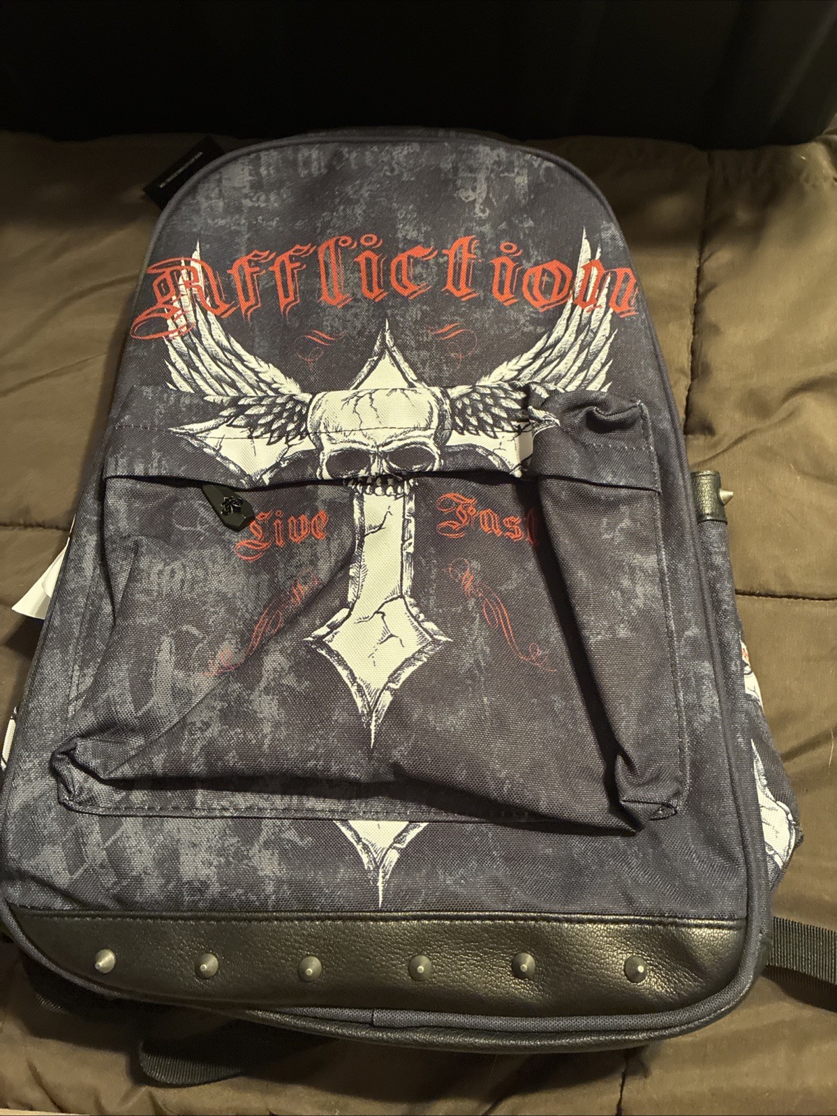 Affliction Live Fast Backpack Black Skull Wing Cross Studded Laptop Travel