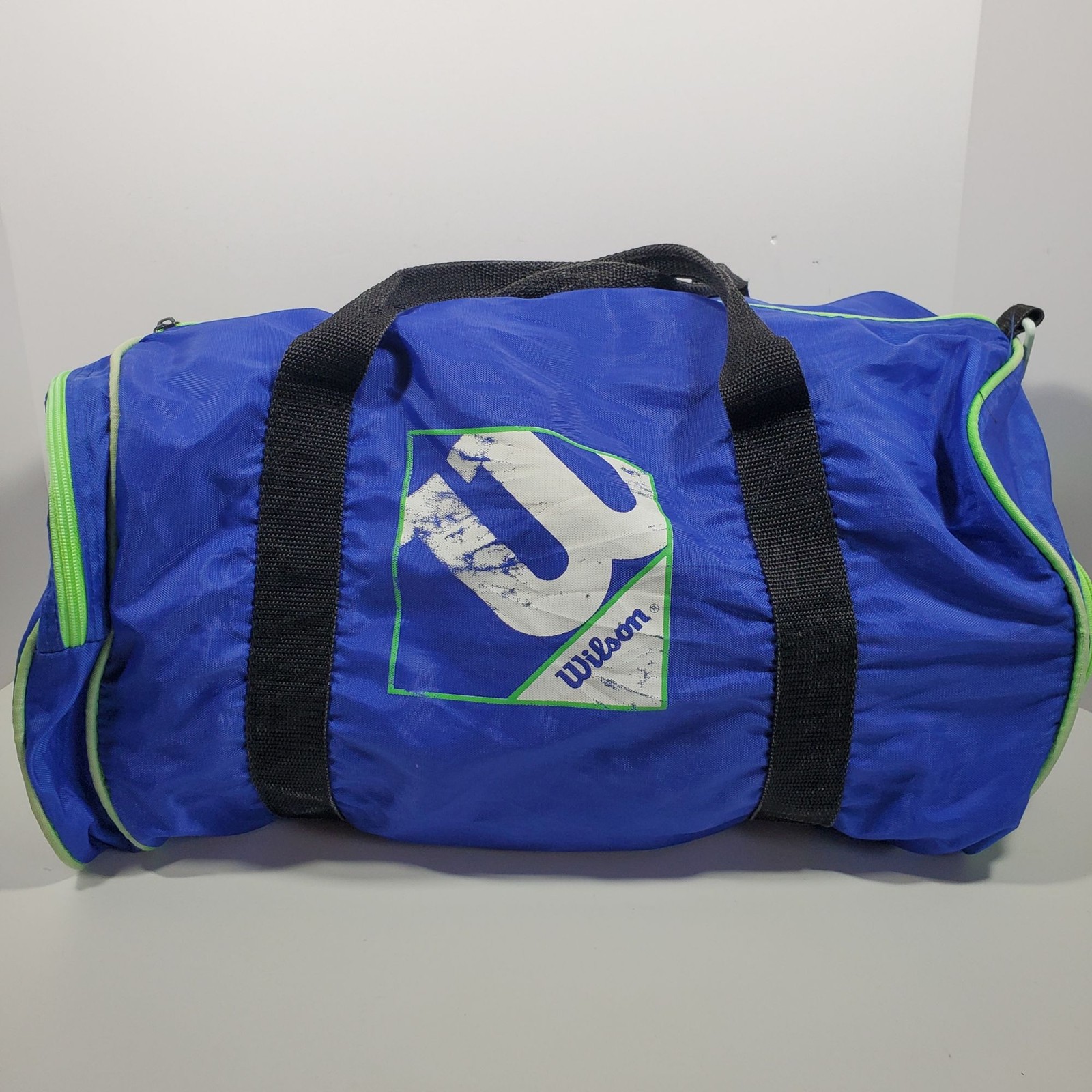 Wilson Blue Nylon Duffle Vintage Gym Bag Neon Green Travel Zippered