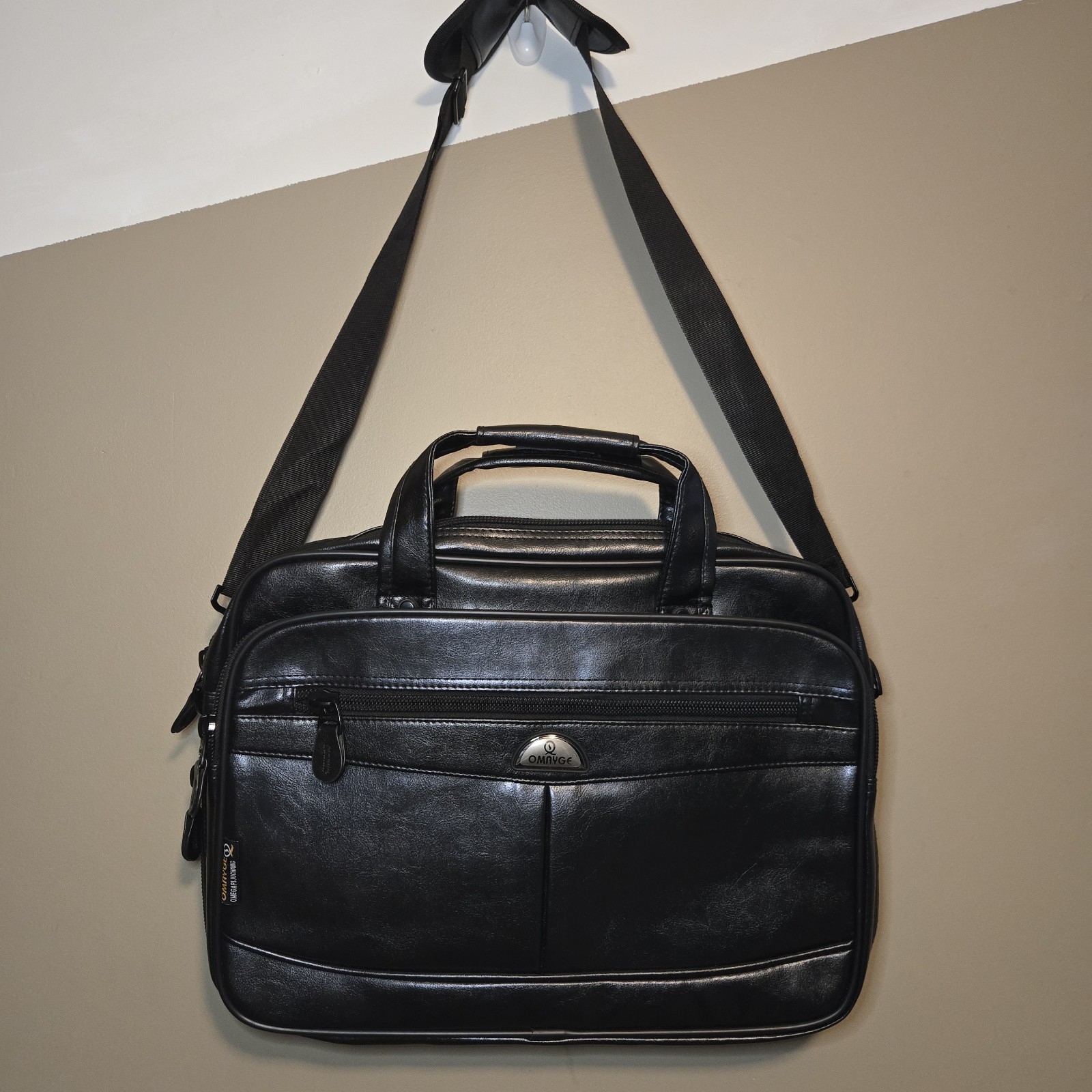Omayge Faux Leather Laptop Briefcase Messenger Bag Black Business Shoulder Strap