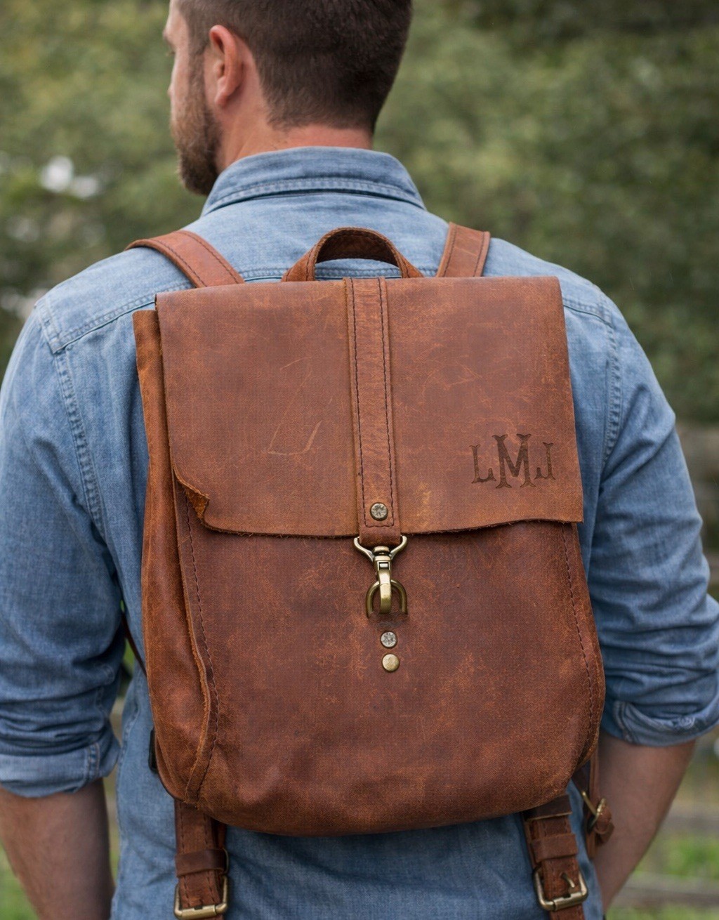 Handcrafted Full Grain Leather Backpack Custom Monogram Rustic Laptop Bag