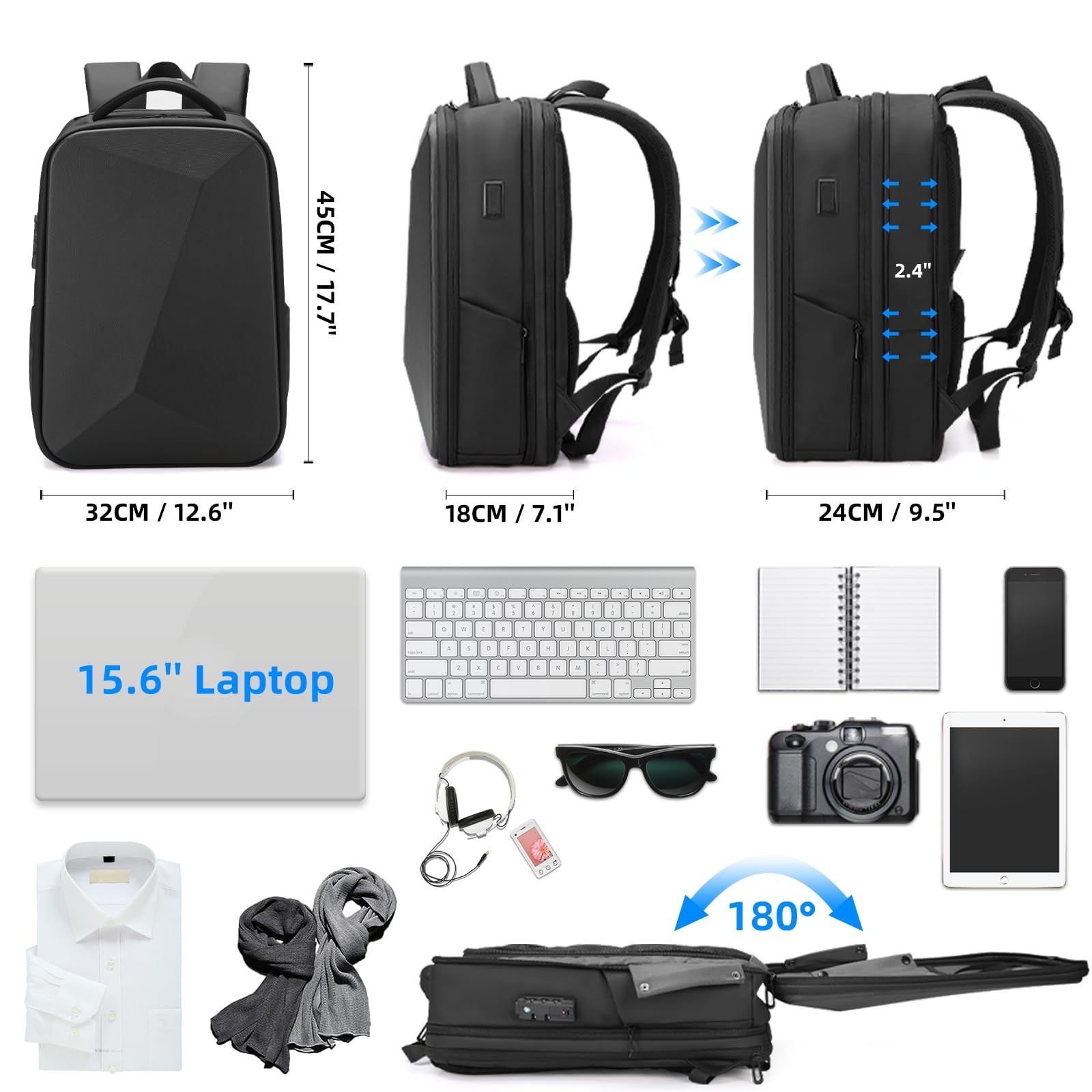 Anti-Theft Laptop Backpack, Expandable Water-Resistant Hardshell, USB Port, 15.6