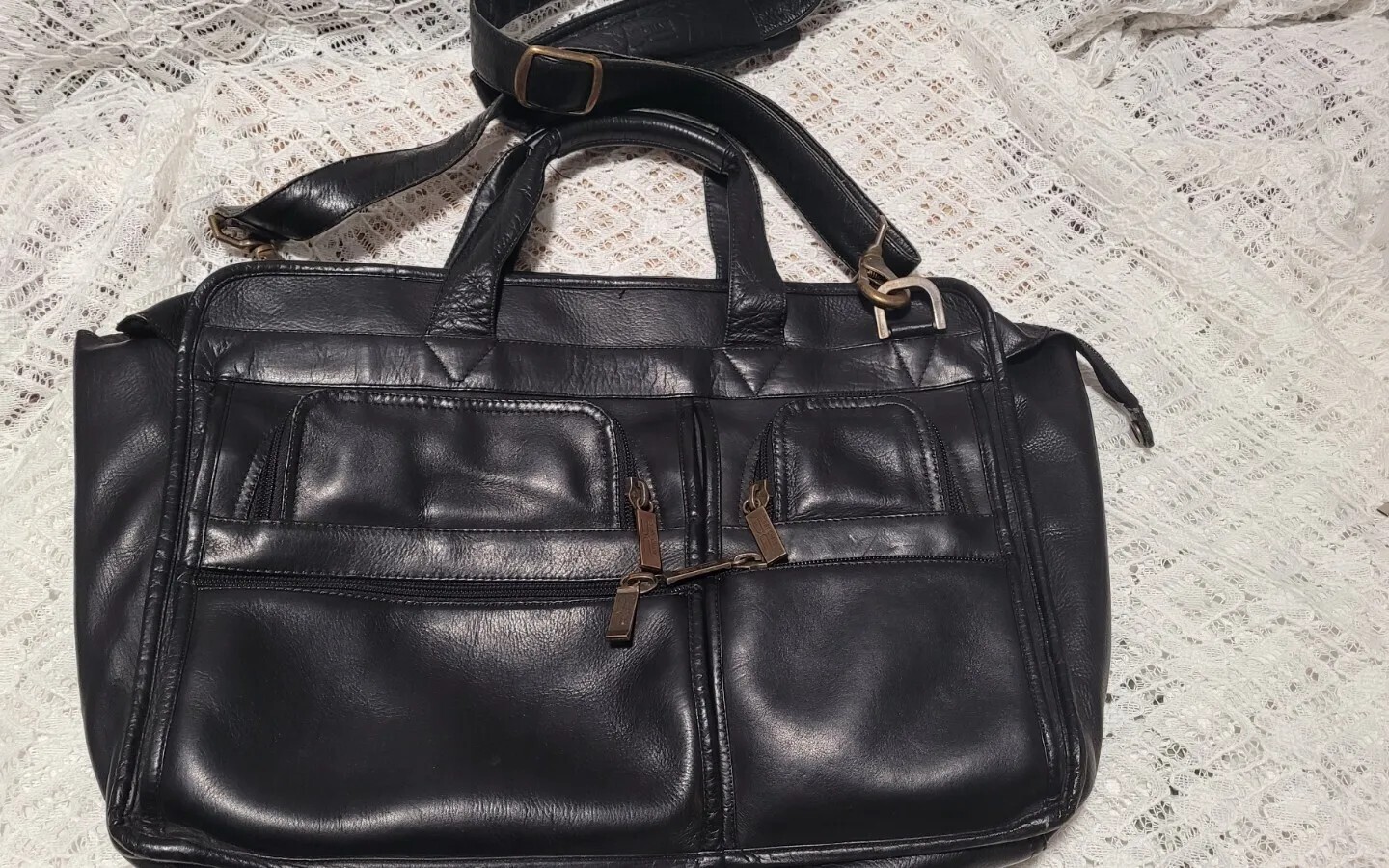 Claire Chase Black Leather Briefcase Laptop Bag Zipper To Access Luggage Handle