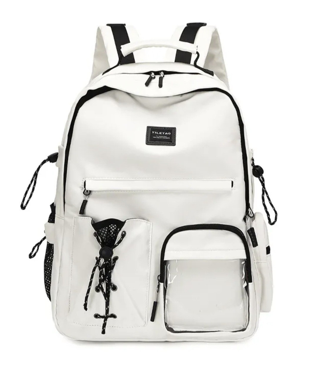 Back To School White Backpack w/ Clear Front Pocket, Black Trim, Zip/Drawstring
