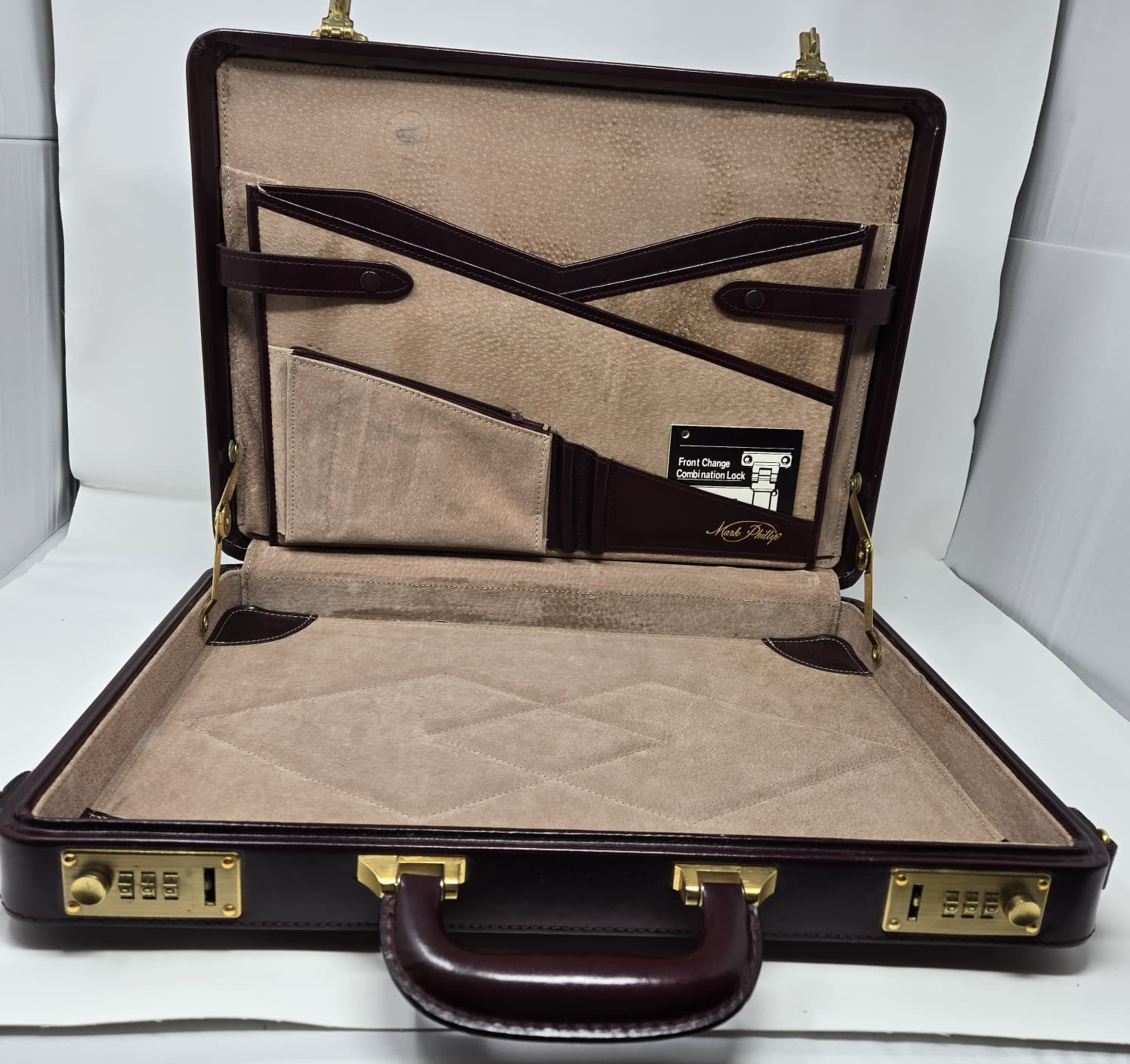 Vintage Mark Phillip Top Grain Leather Attache Burgundy Briefcase w/ Combo Locks