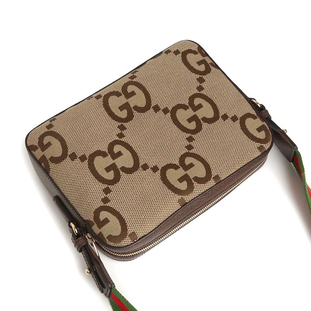 GUCCI Jumbo Gg Messenger Canvas & Leather & Cotton Linen, Camel & Ebony 675891