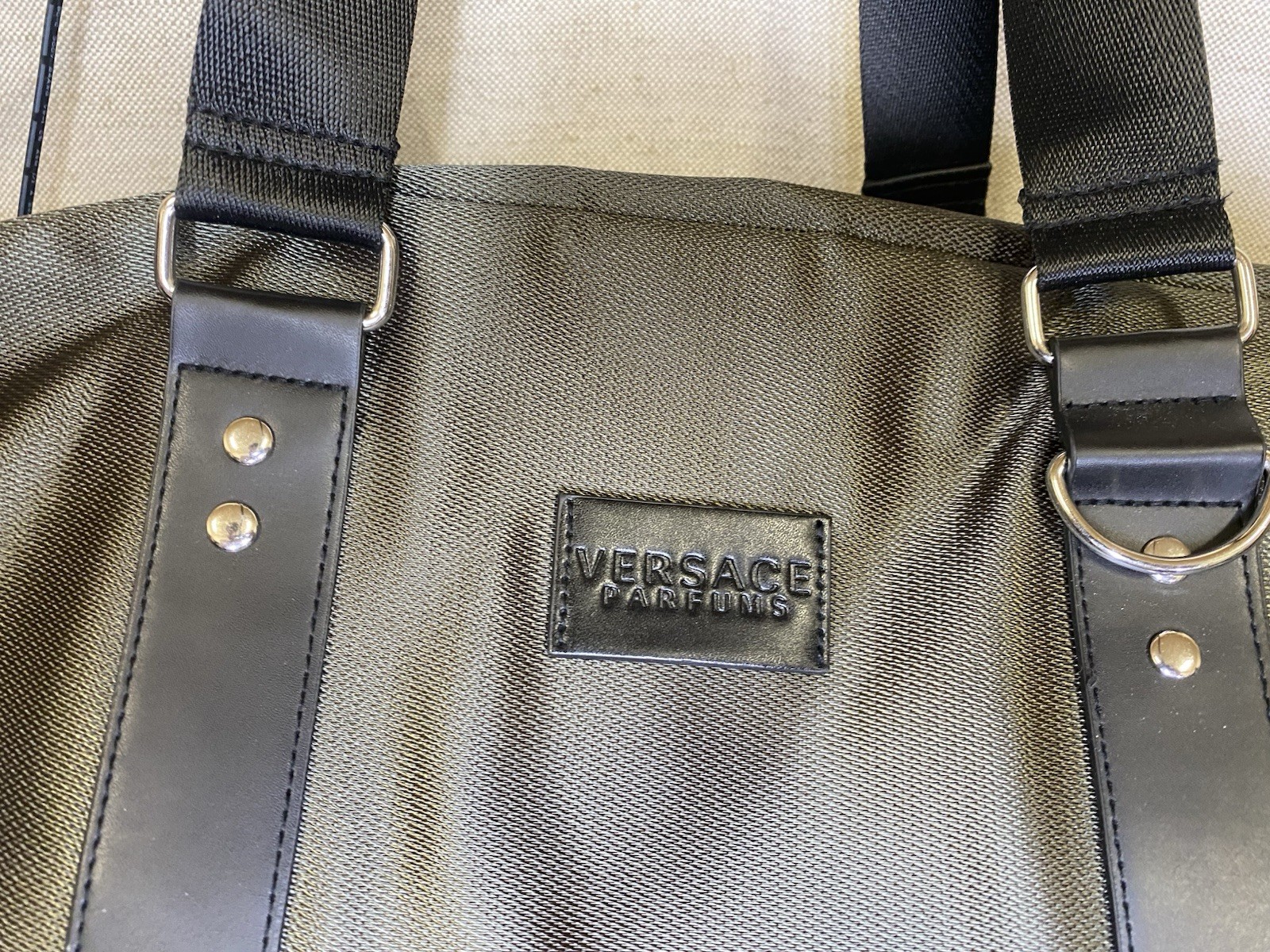 Versace Gray Black Duffle Bag Zip Inner Pockets Shoulder Strap Men’s Designer