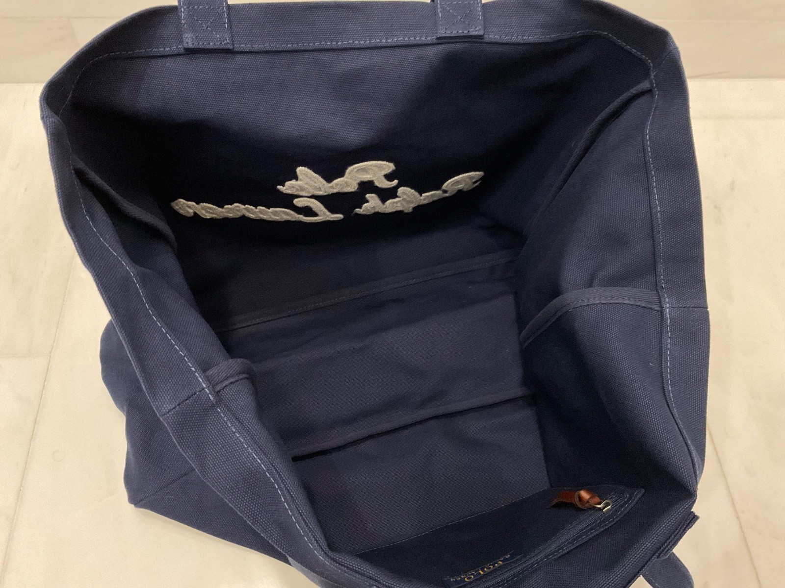 NWT Polo Ralph Lauren NAVY BLUE Cotton Chain Stitch Embroidered Canvas Tote Bag