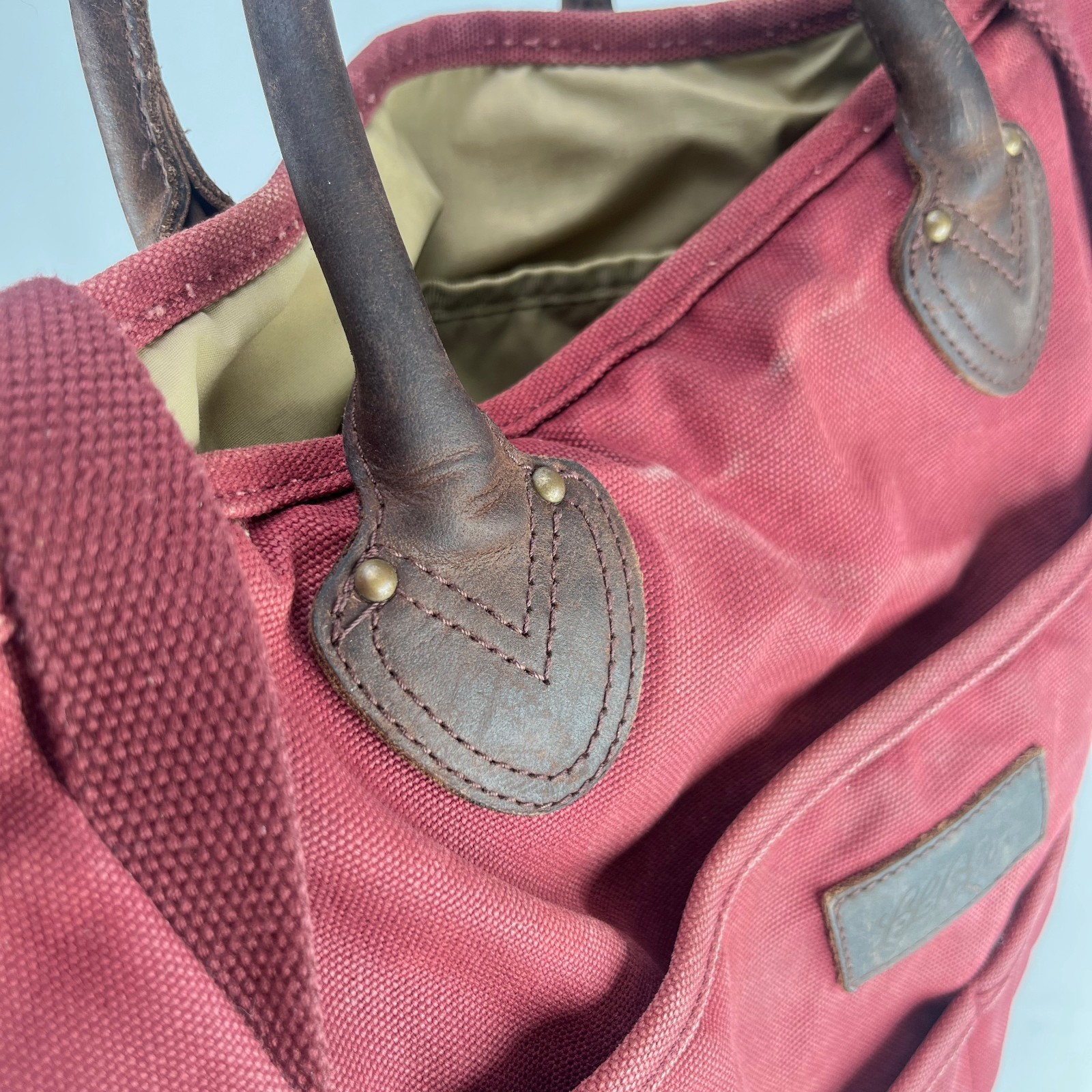 LL Bean Stonington Tote Bag Script Tag Canvas Dark Red Maroon Leather Handles