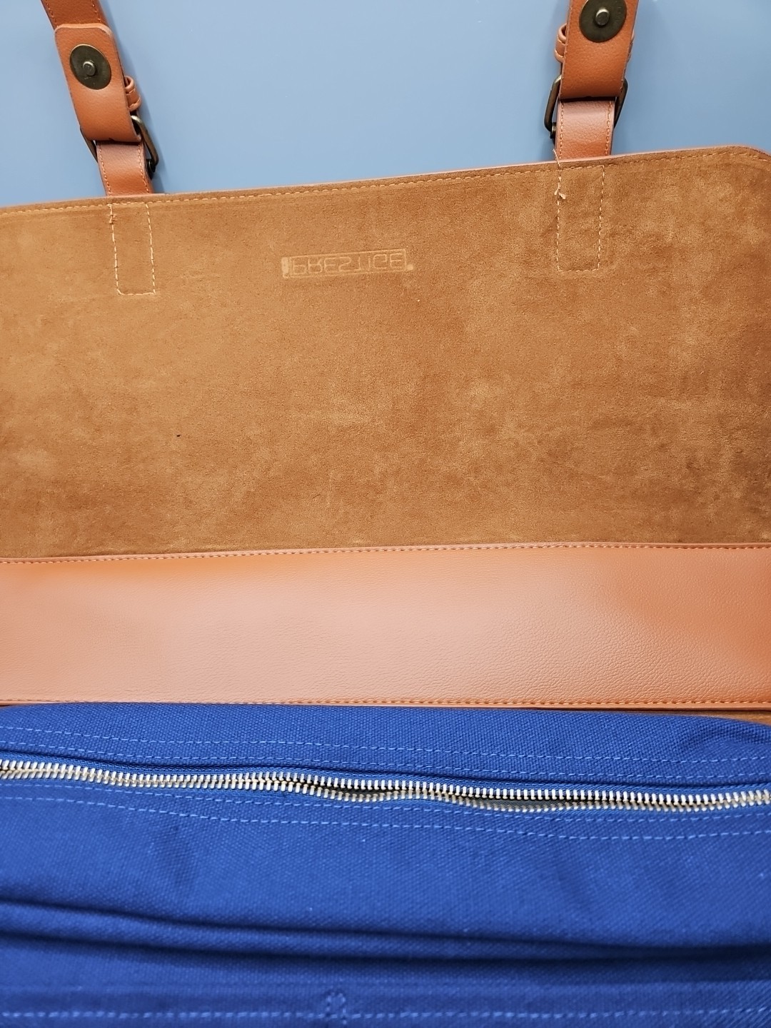 NWT Prestige Leather/Canvas Messenger Bag Men’s Shoulder Strap New Blue/Tan