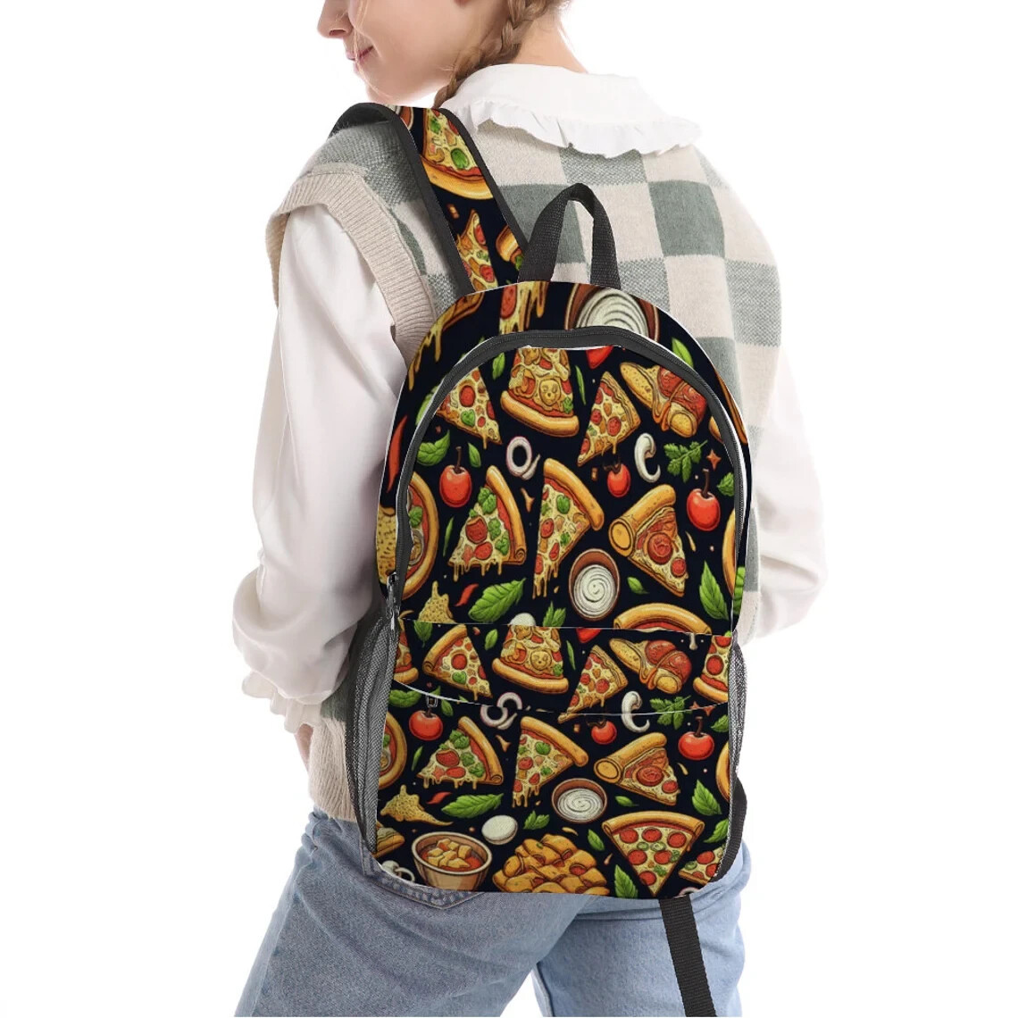 Tasty Pizza Pattern On Black Background AOP Travel Backpack 17.3″ x 10.2″ x 5.9″