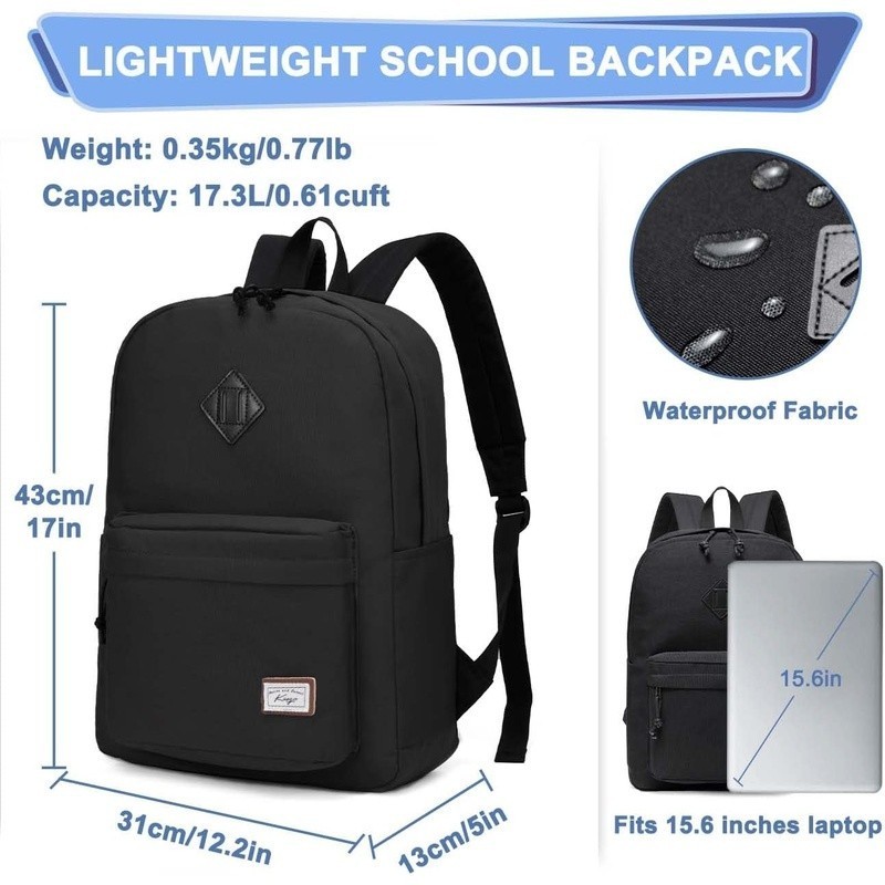 Lightweight Durable Black Backpack School Bag Water Resistant Padded Straps New