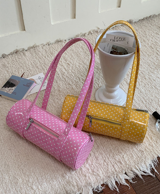 Womens Candy Color Polka Dot Barrel Bag PU Leather Shoulder Purse