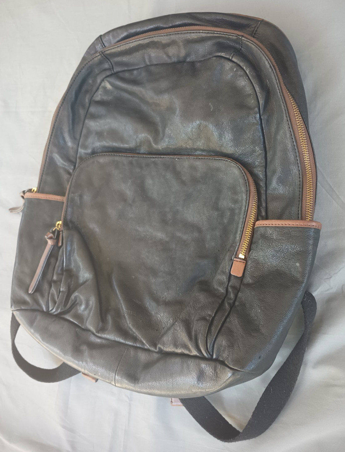 Fossil Goat Hide Leather Multi Pocketed Backpack Black Brown Weathered