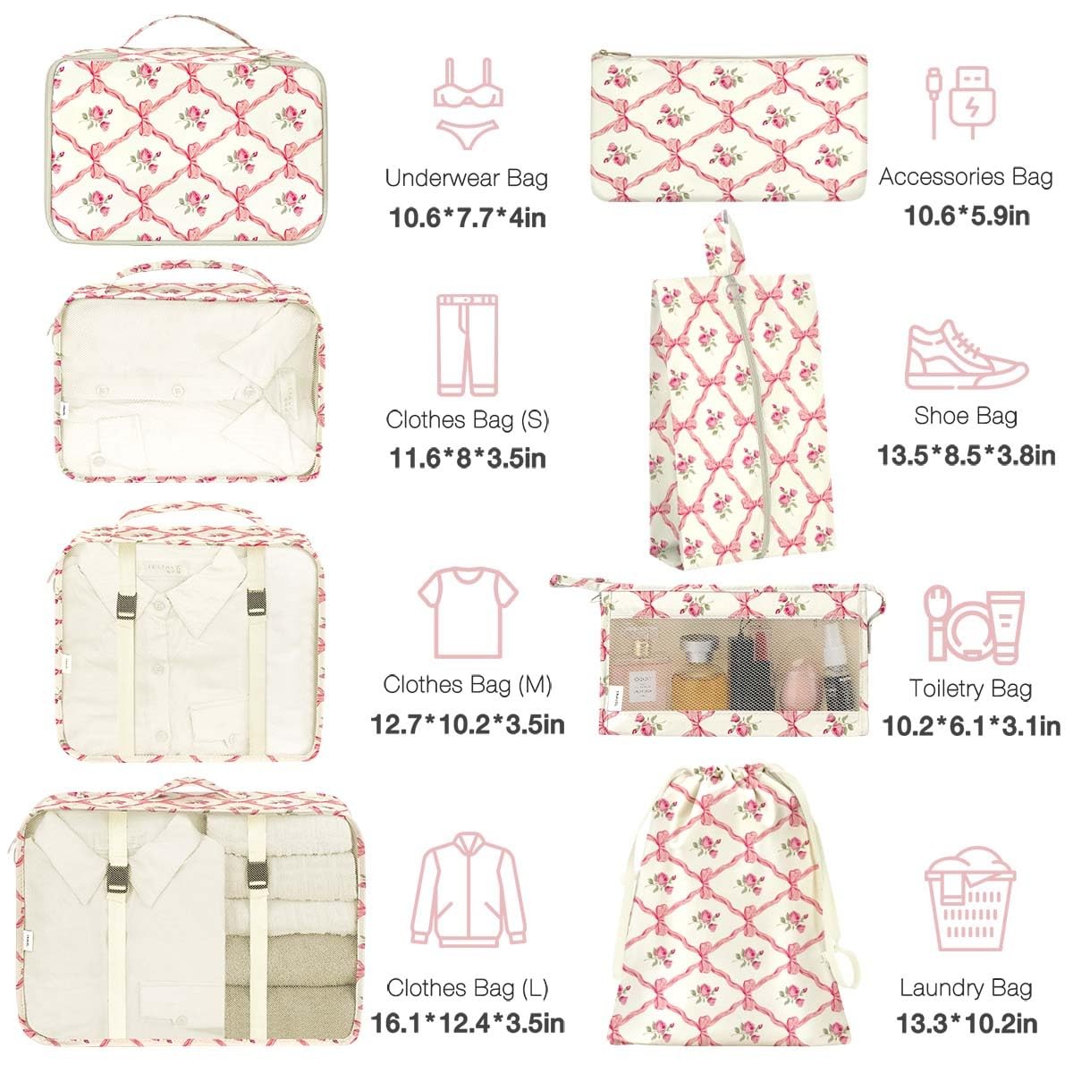 8 Set Packing Cubes for Suitcases,Packing youth large / 11-13, Bow Flowers