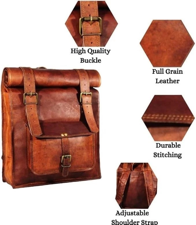 Genuine Goat Leather Roll Top Backpack Handmade Rugged Elegance Bag