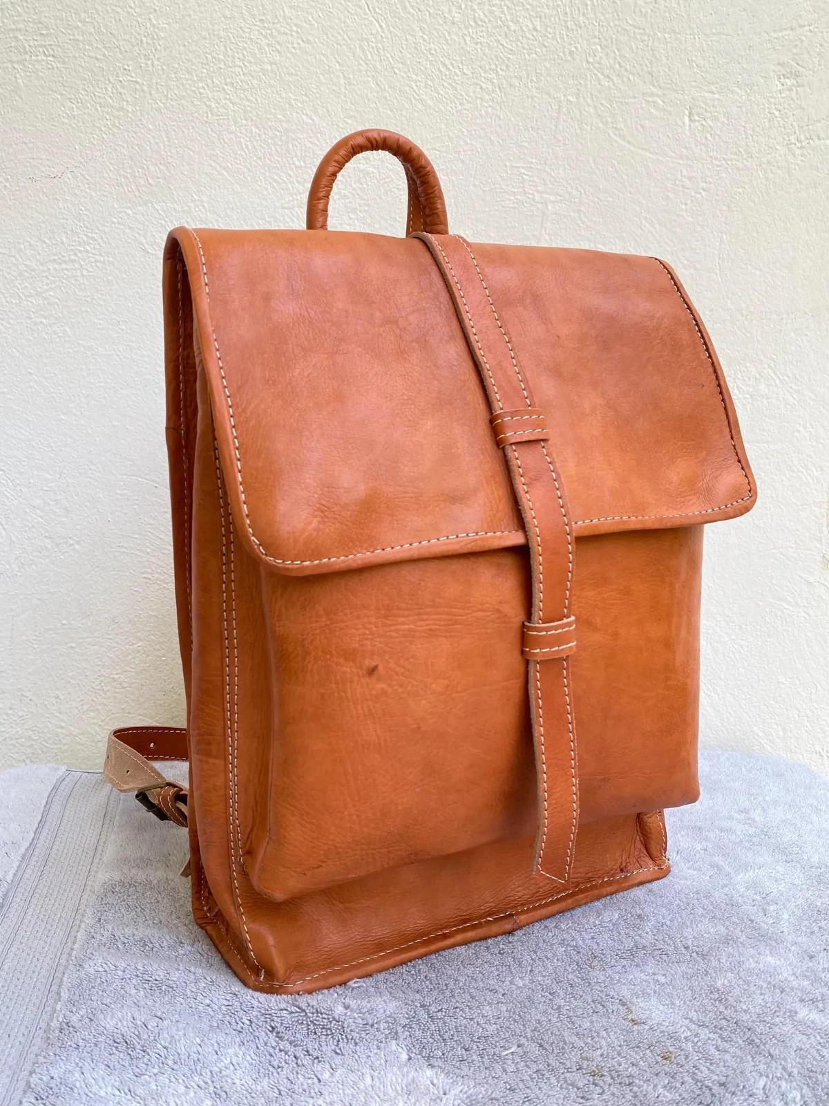 Handcrafted Genuine Leather Roll Top Bag – Cognac | 45cm | 100% Handmade
