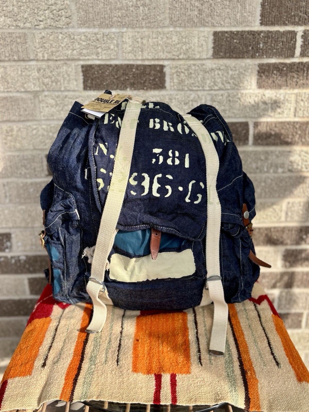RRL Double RL Denim Patchwork Backpack Men Adjustable Strap Exterior Pockets