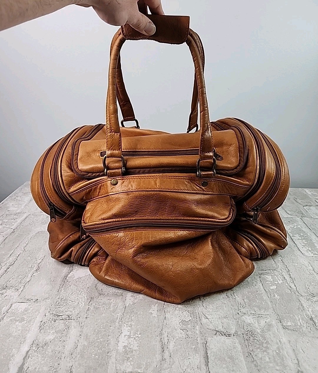Vintage Boulder Ridge Genuine Full Grain Cowhide Leather Duffel Bag Plaid Lined