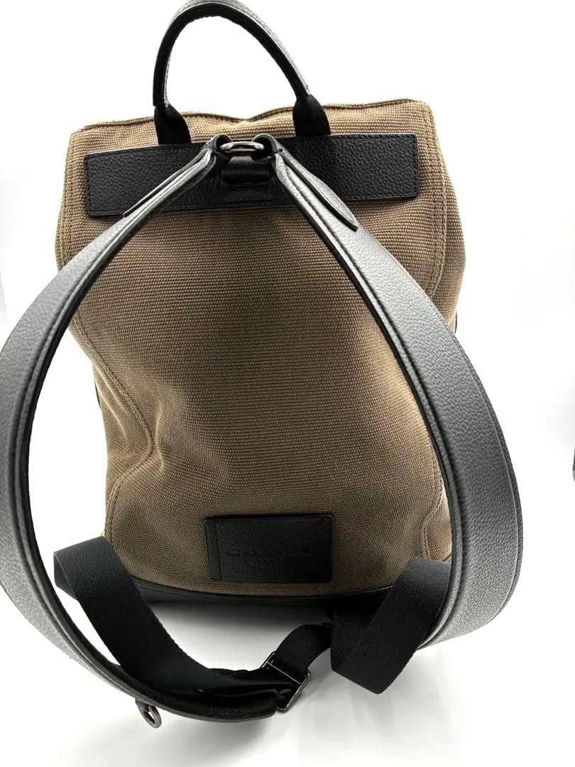COACH Canvas Backpack Khaki Black Leather W30×H39×D15cm 11.8×15.4×5.9in