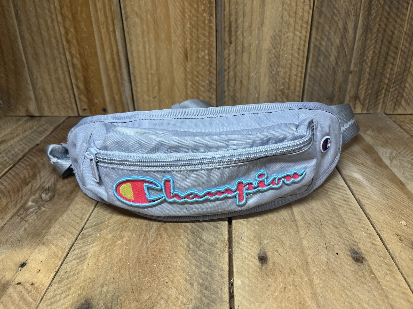 Champion Waist Belt Crossbody Fanny Pack Sling Bag Logo Gray Pink Spell out