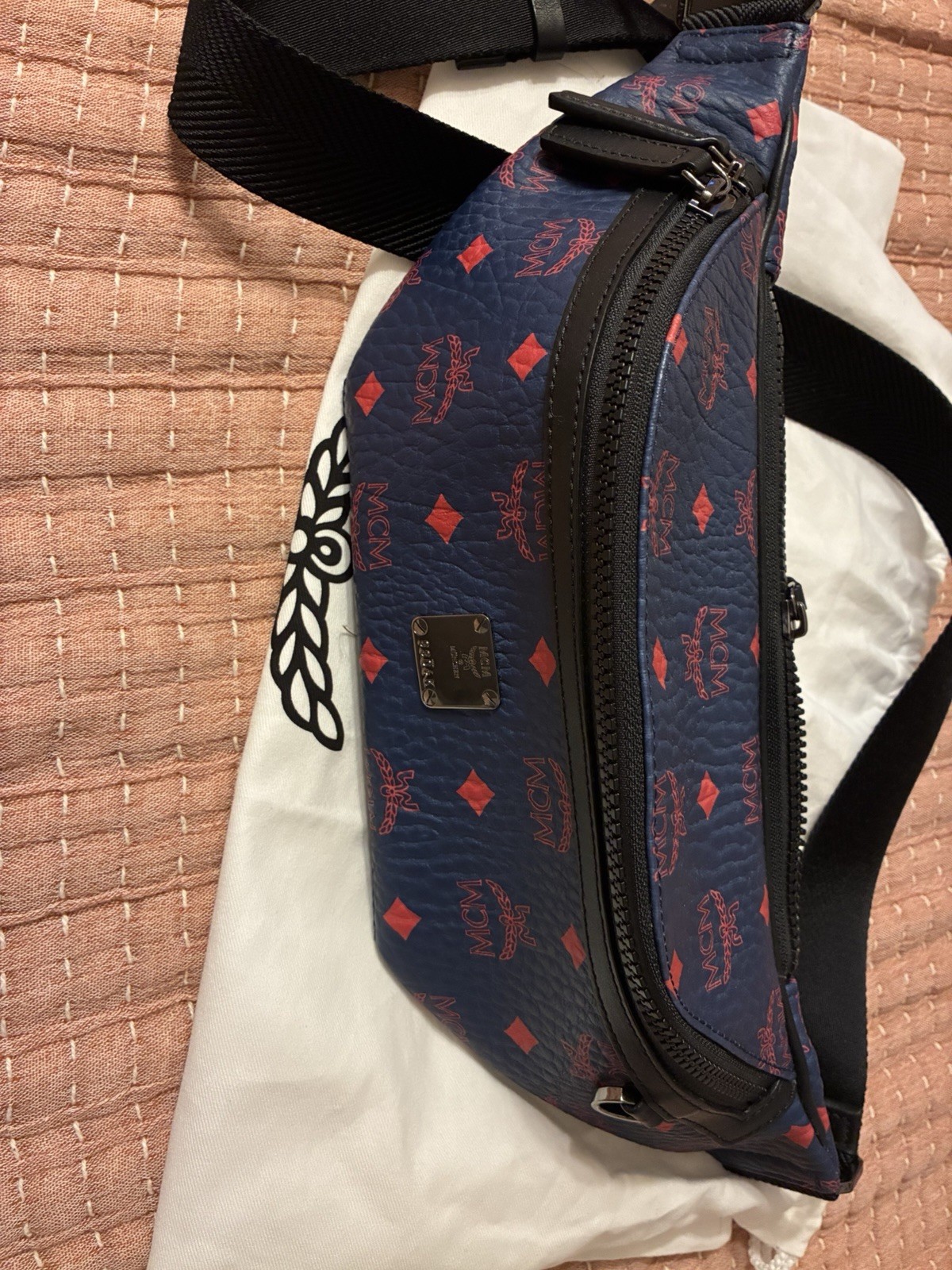 MCM Blue Logo Print Zip Belt Bag Fanny Pack Crossbody Strap Designer