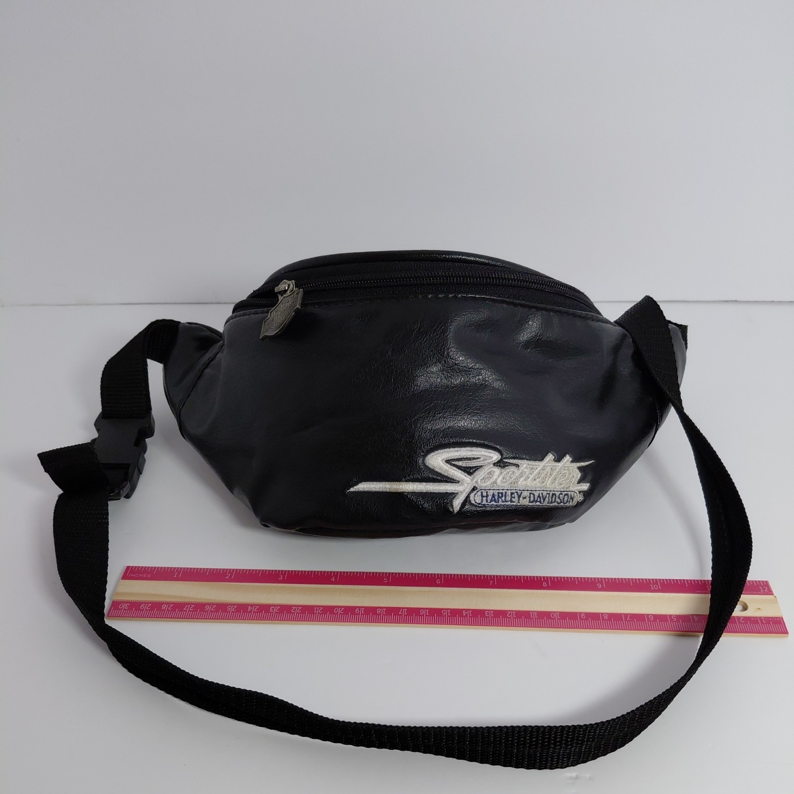 Vintage Harley Davidson Sportster Embroidered Black Faux Leather Fanny Pack Bag