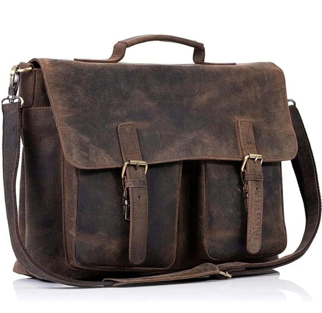 KomalC 16 Inch Leather briefcase Laptop Messenger Bags for Men Distressed Tan