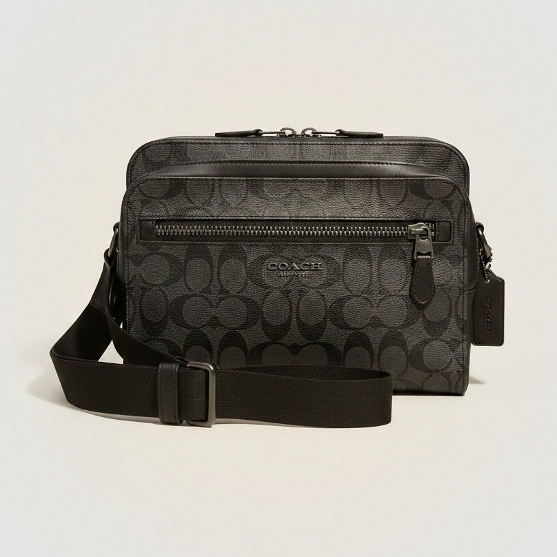 Authentic COACH 91485 West Camera Bag Signature Canvas Charcoal Black Crossbody