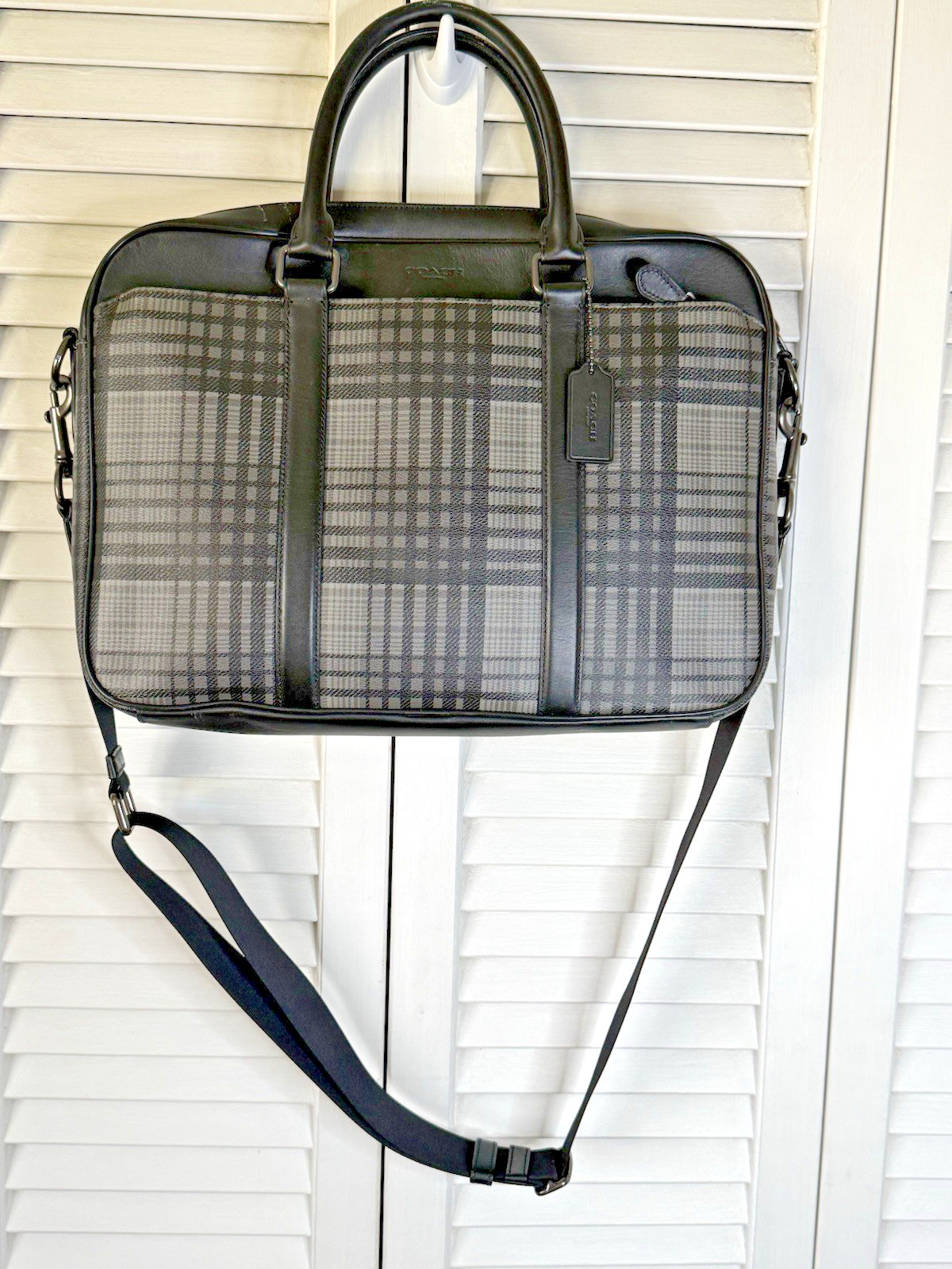 Coach Coated Canvas & Leather Perry Black & Gray Twill Plaid Briefcase