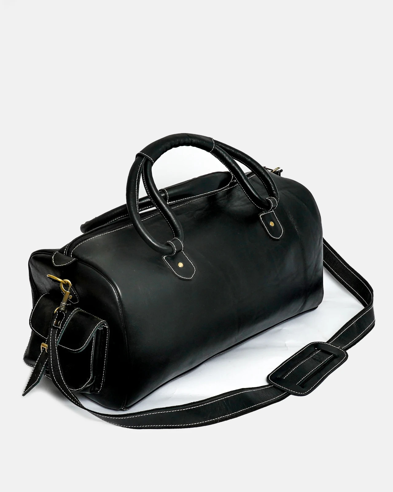 Handmade Black Full Grain Leather Duffle Bag Weekend Travel Brass Hardware