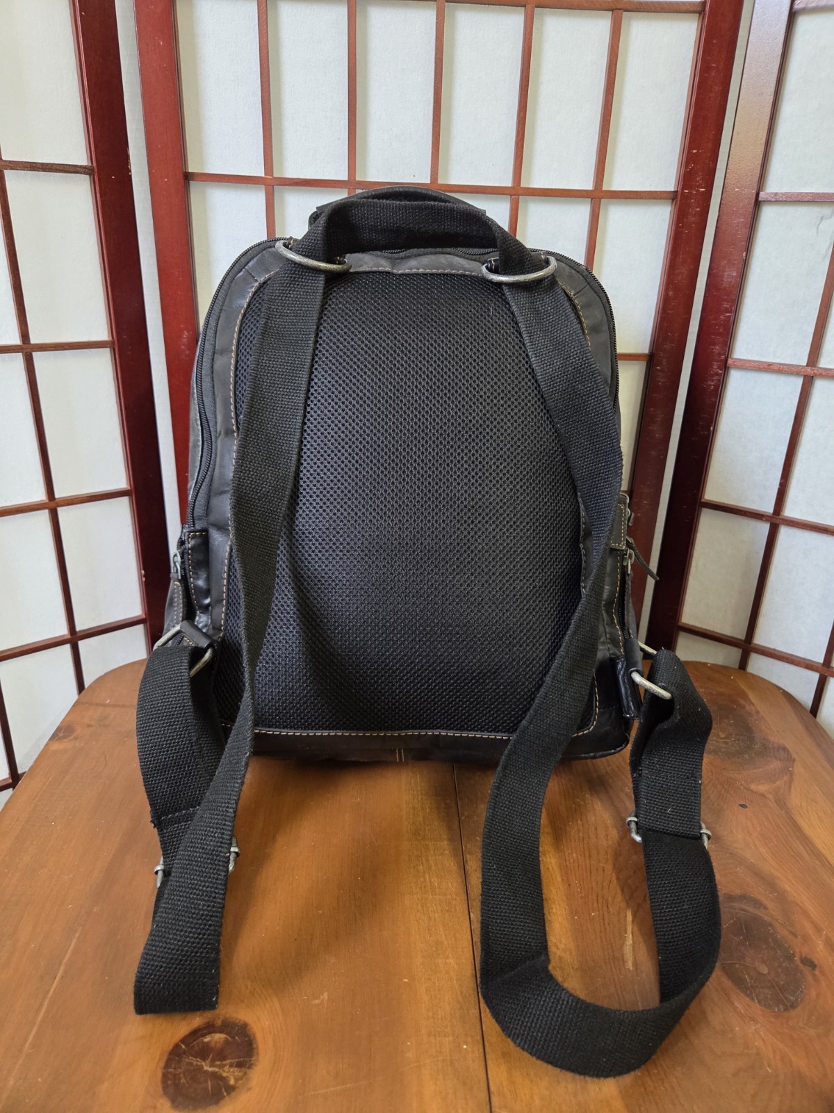 Jack Georges Voyager Backpack Black Leather Laptop School Work Bag Mesh