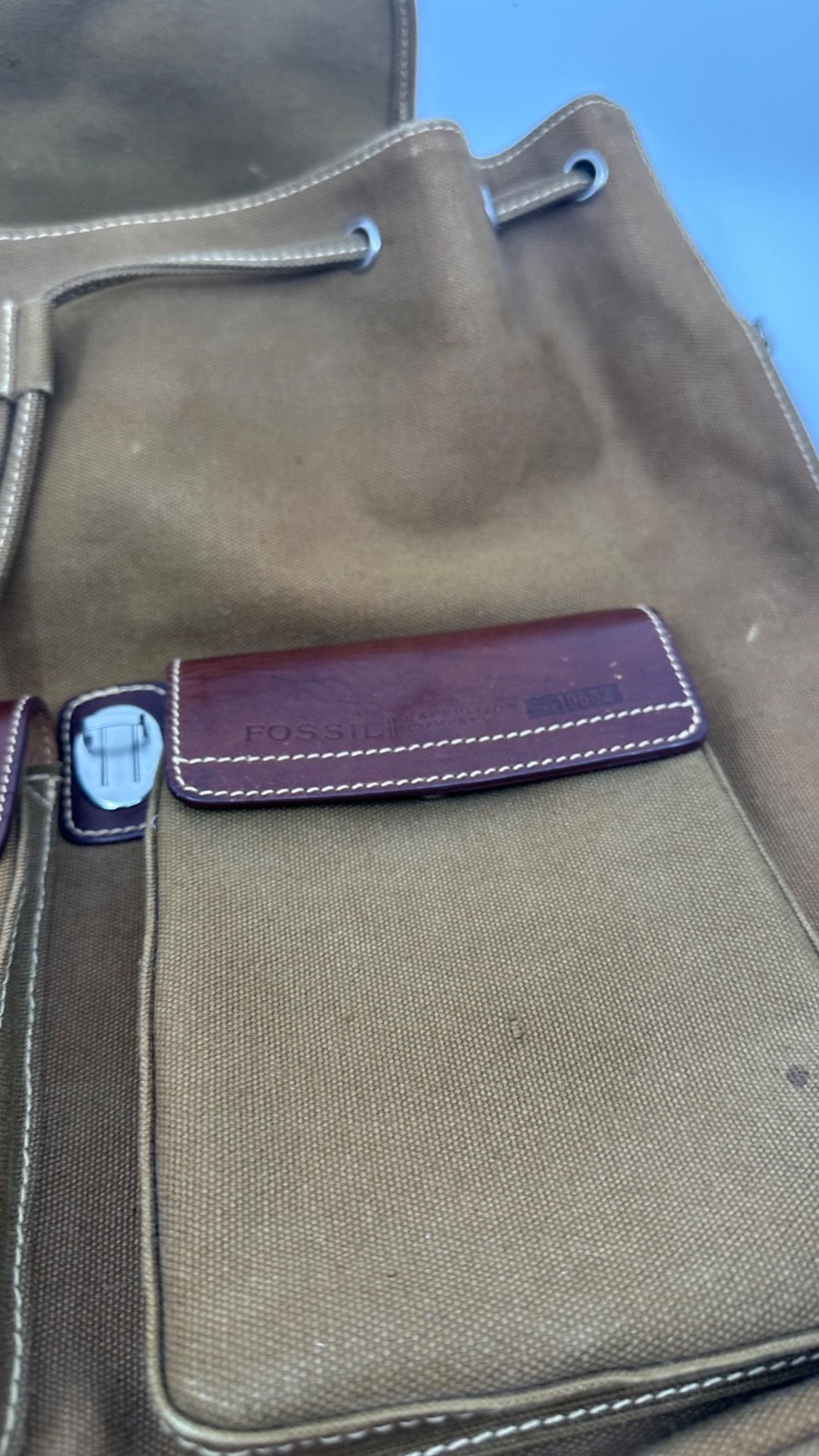 Fossil Expedition No 11552 Brown Canvas Backpack Leather Trim Rugged Goods