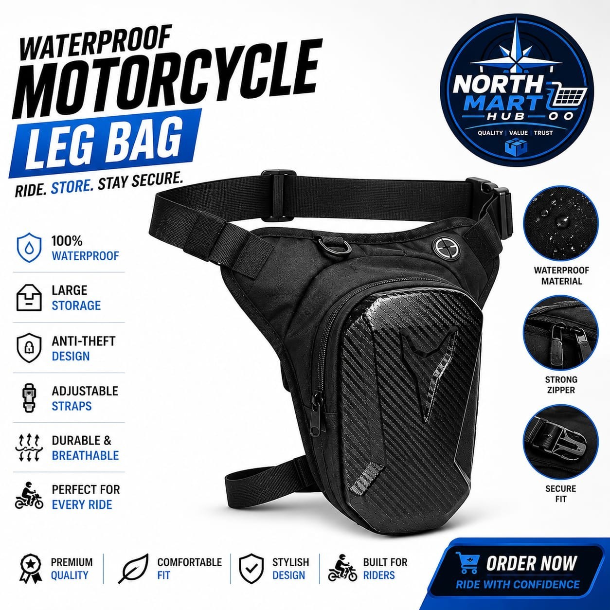 Waterproof Motorcycle Leg Bag Drop Thigh Waist Pack Riding Biker Travel Black