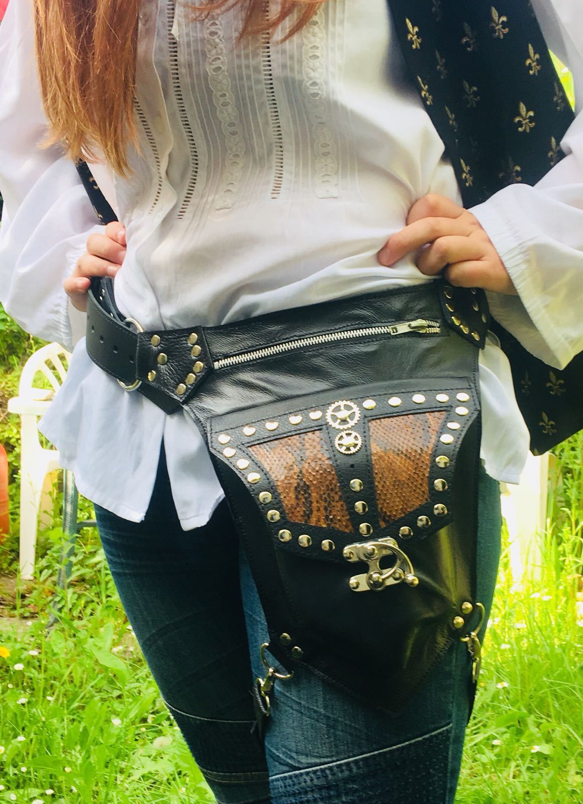 Leather & Python Steampunk Leg Bag Utility Pouch Belt holster Cycling Biker Cogs