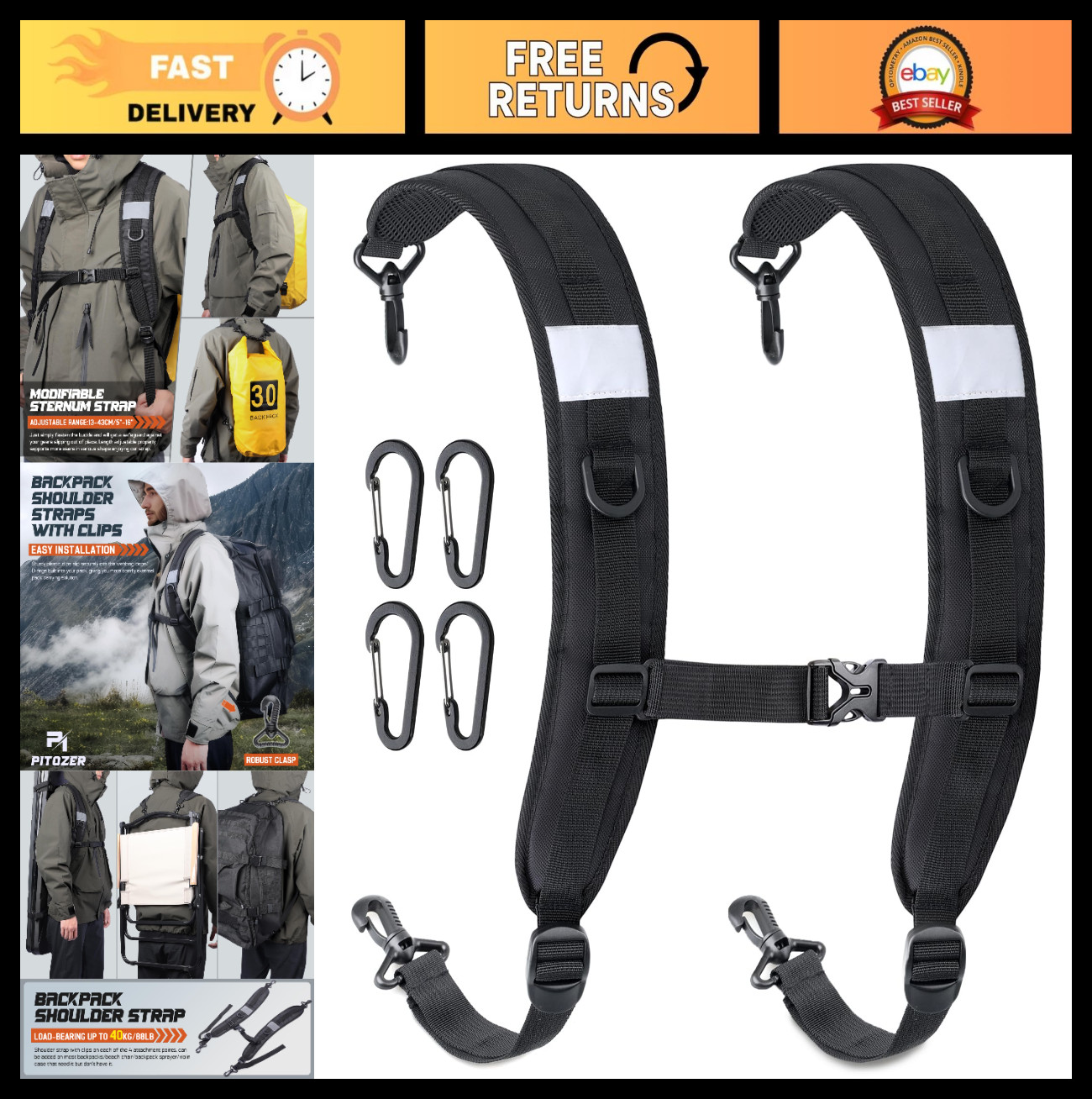 Adjustable Padded Backpack Shoulder Straps Replacement with Metal/Plastic Clips