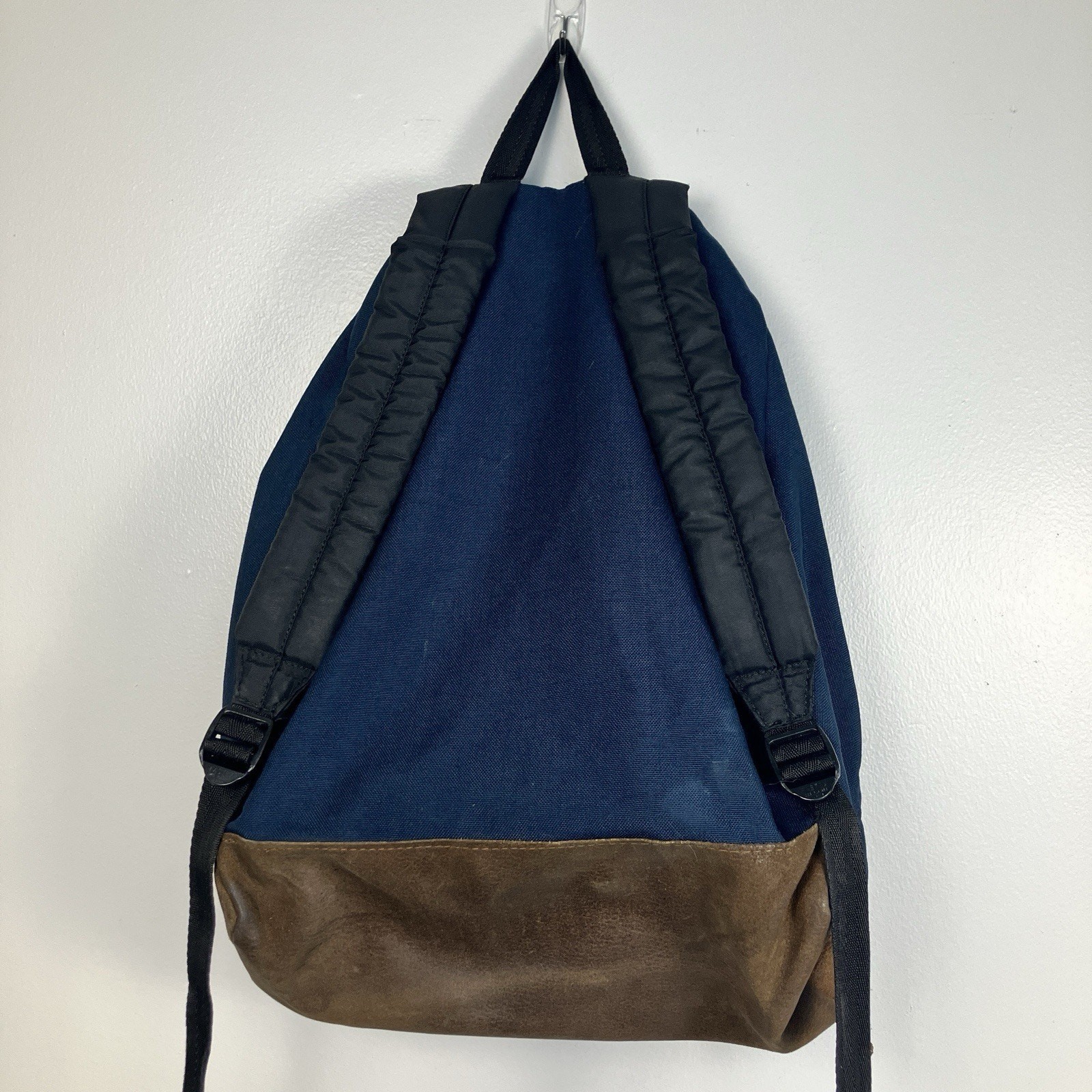 Vintage Eastpak Backpack Cowhide Leather Bottom Padded Straps Blue School Bag