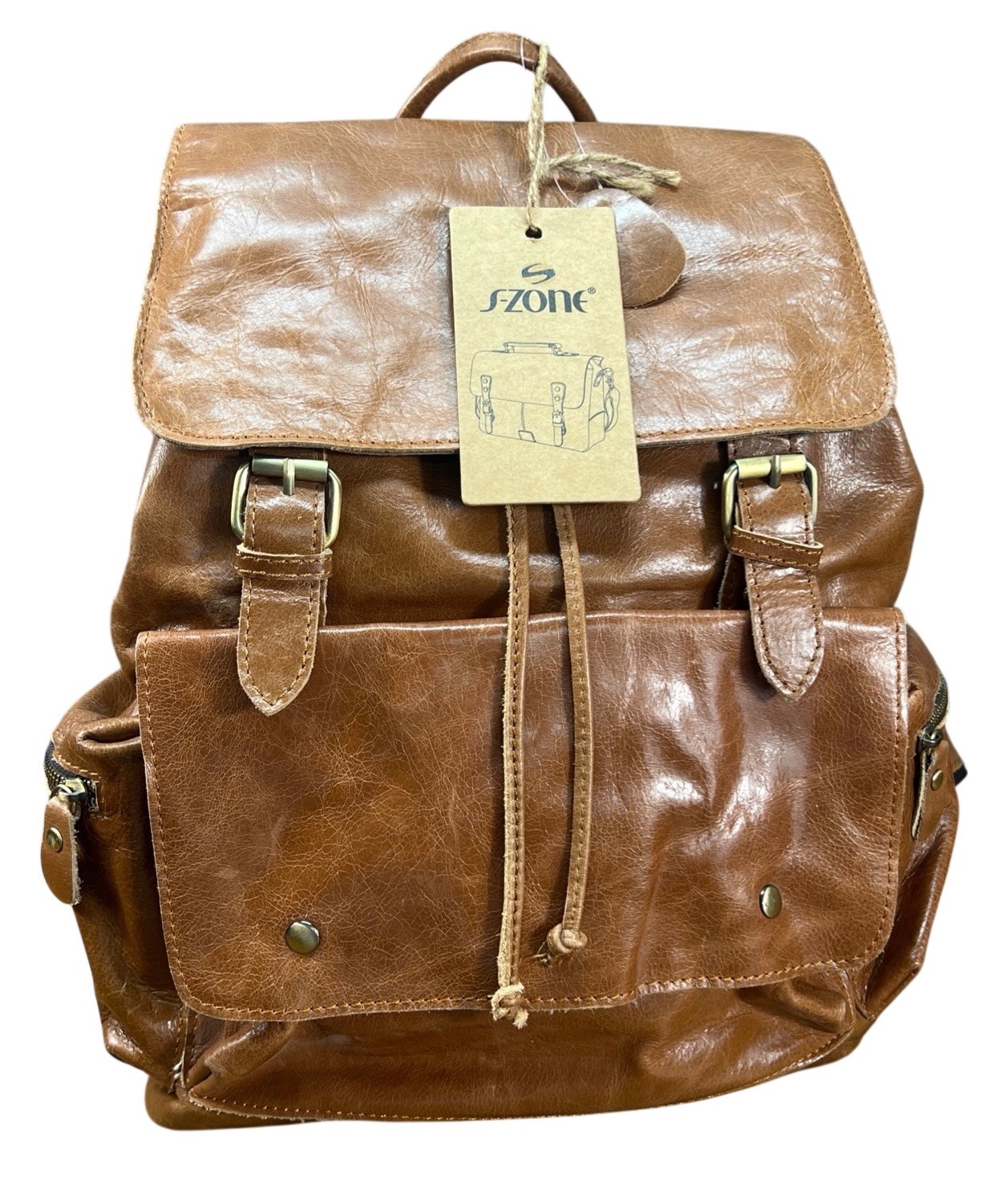 S -Zone Brown Soft Leather Backpack Denim Lining Drawstring Snap Pockets Large