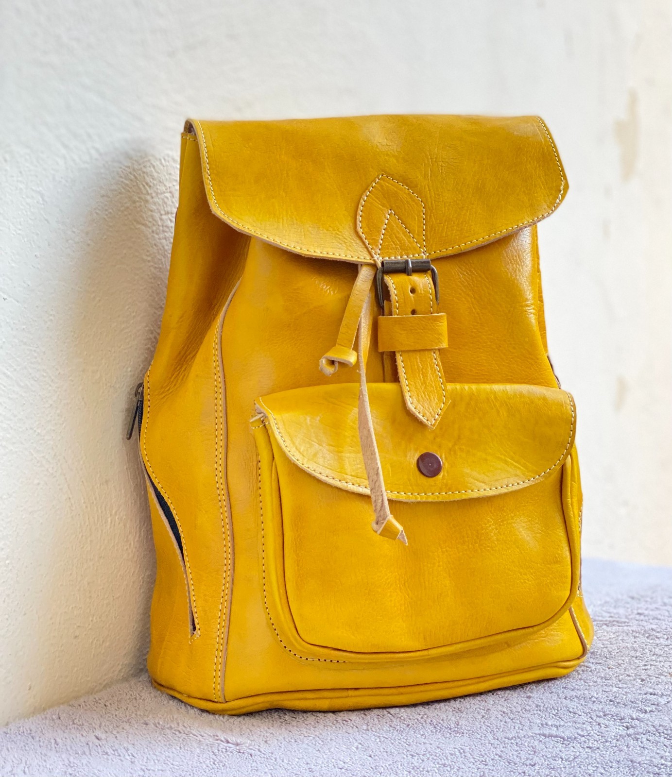Yellow Leather Backpack Handmade Morocco Belt Buckle Front Back Pocket