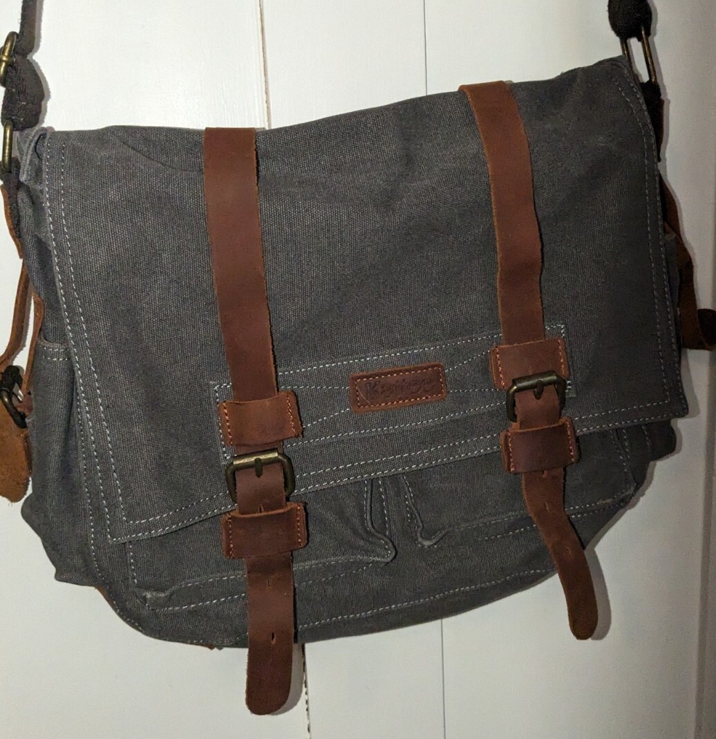 Kattee Unisex Canvas Leather Travel Rucksack Messenger Bag Gray 12″H x 15″W EUC